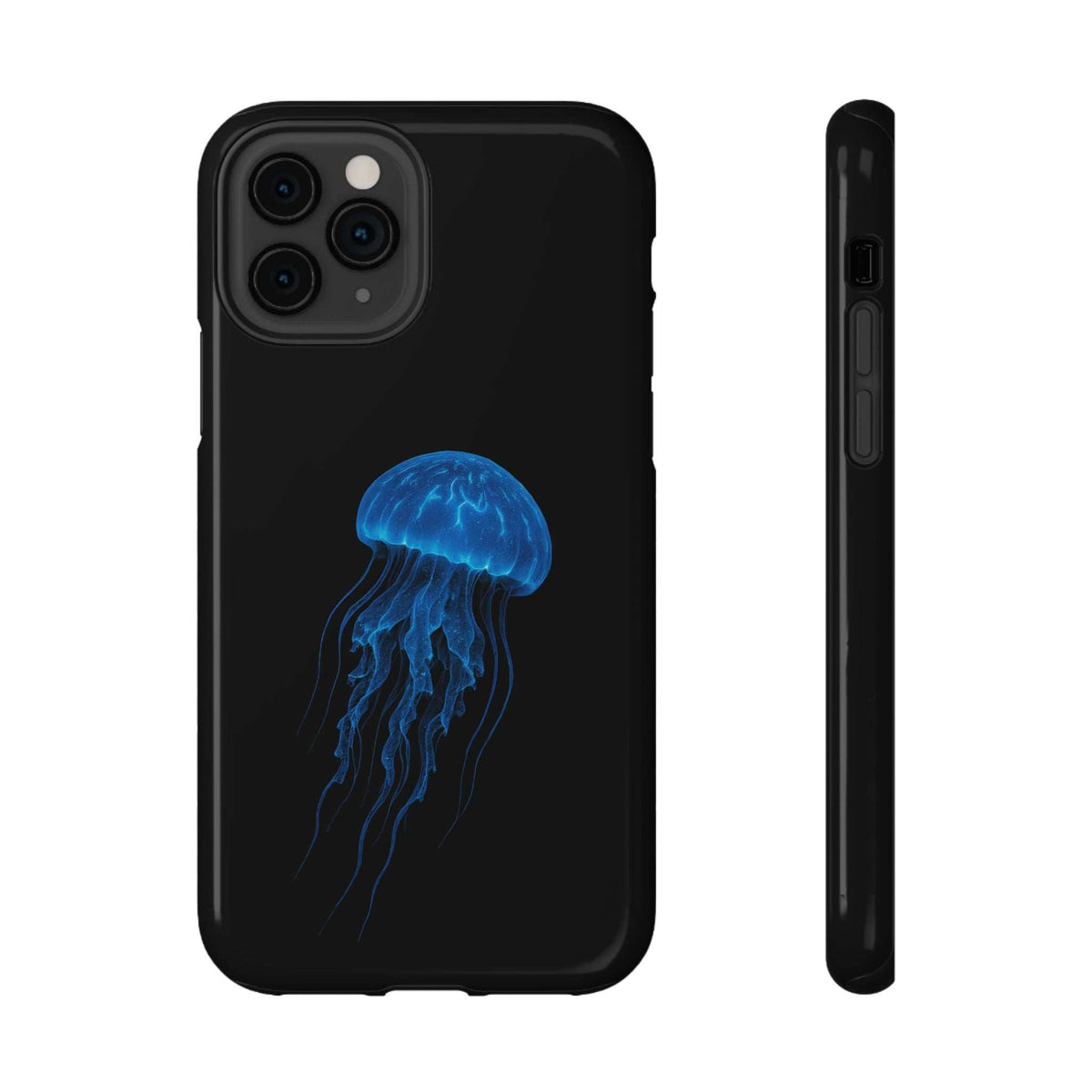 Black phone case with blue jellyfish print, side profile with button and port cutouts