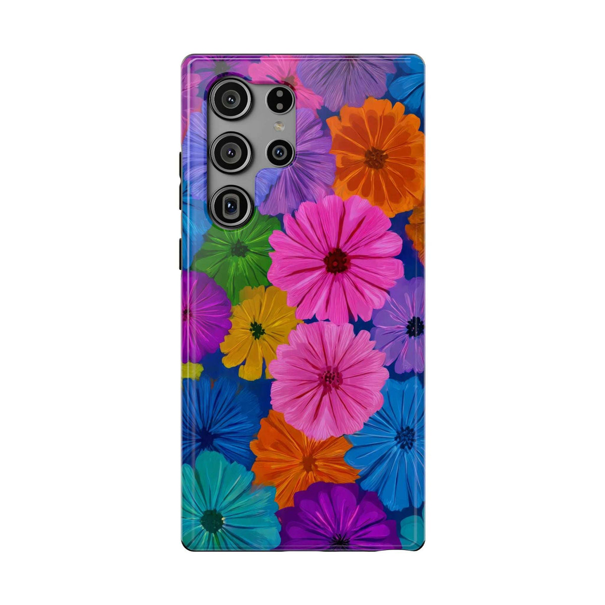 Colorful flower pattern phone case with four camera openings and glossy edges
