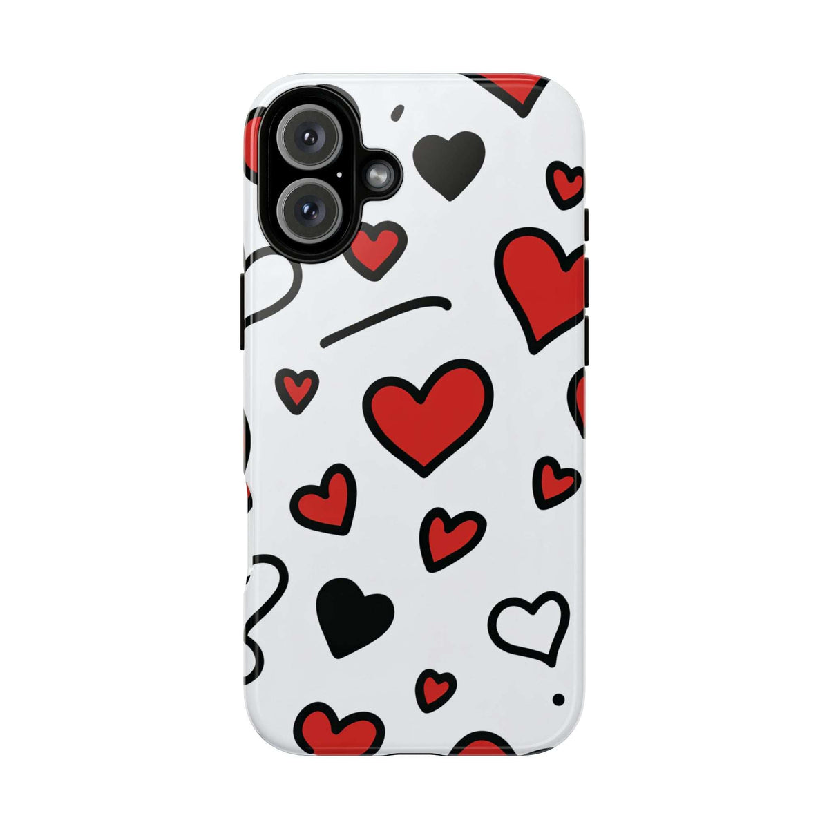 Heart-covered phone case in white with red and black hearts; camera cutout
