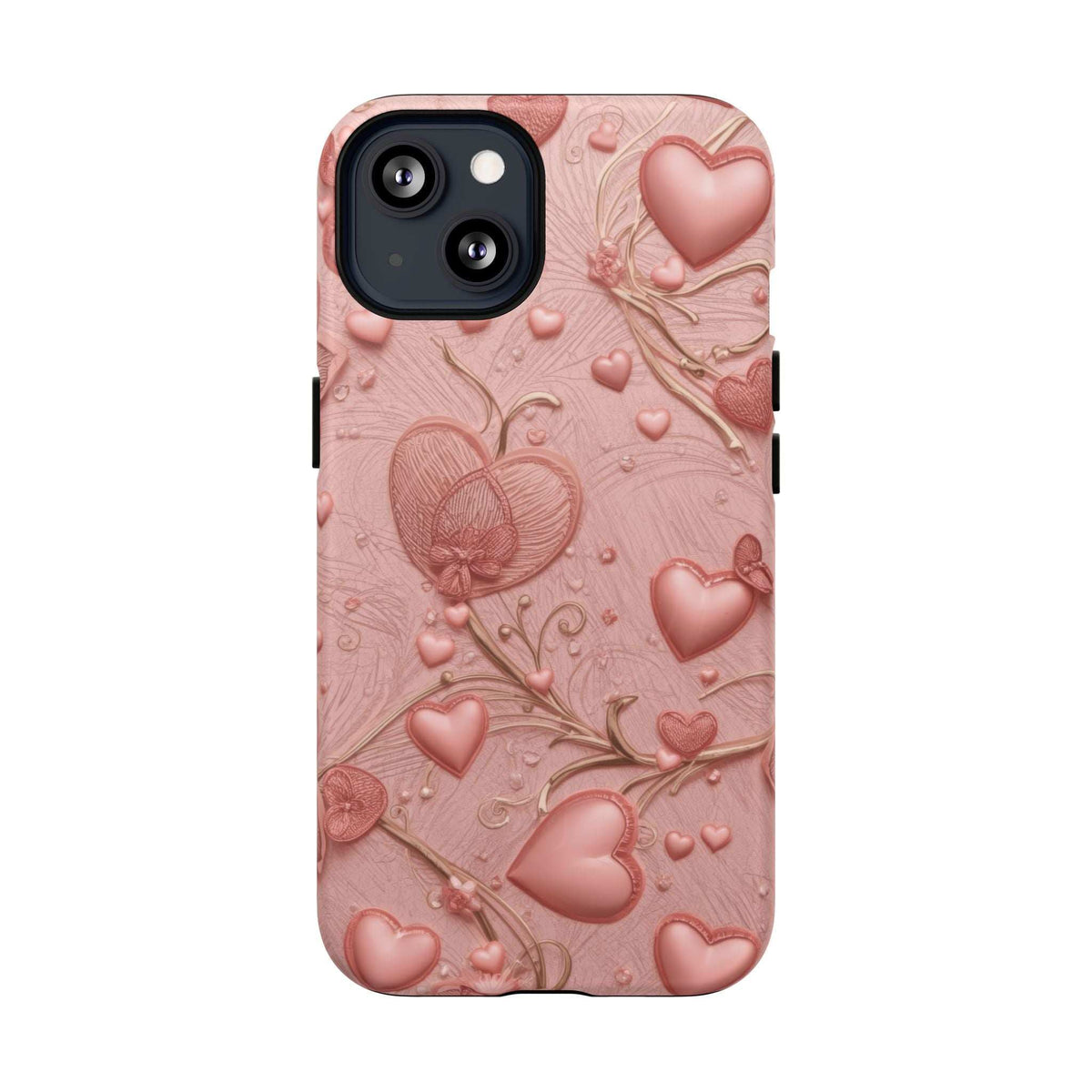 Pink phone case with raised heart and leaf pattern, cutouts for iPhone camera