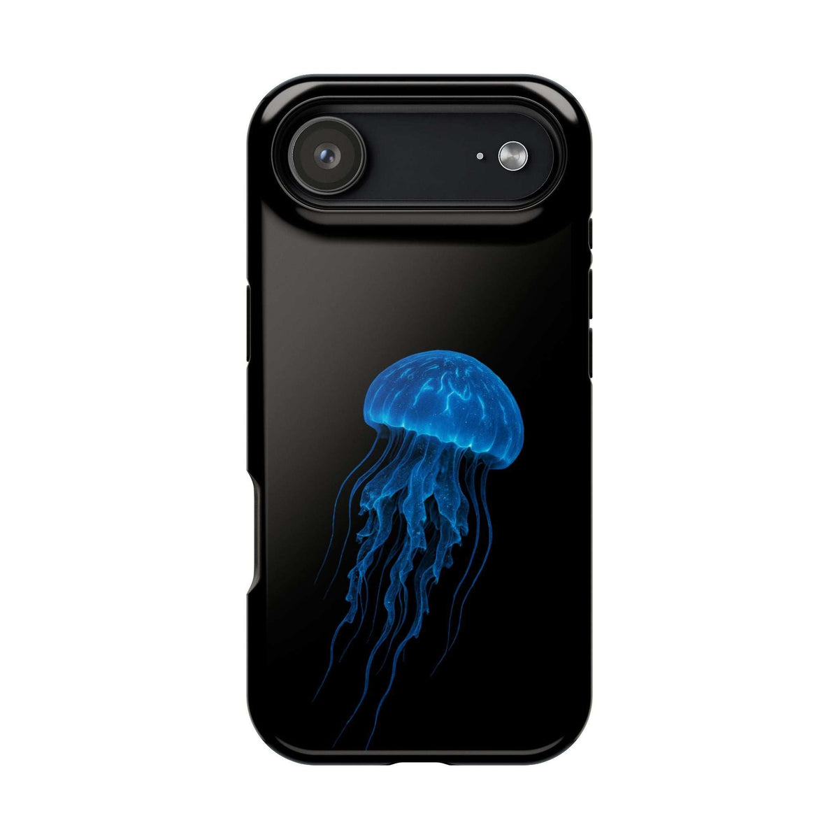 Glossy black phone case with blue jellyfish artwork and top camera slot