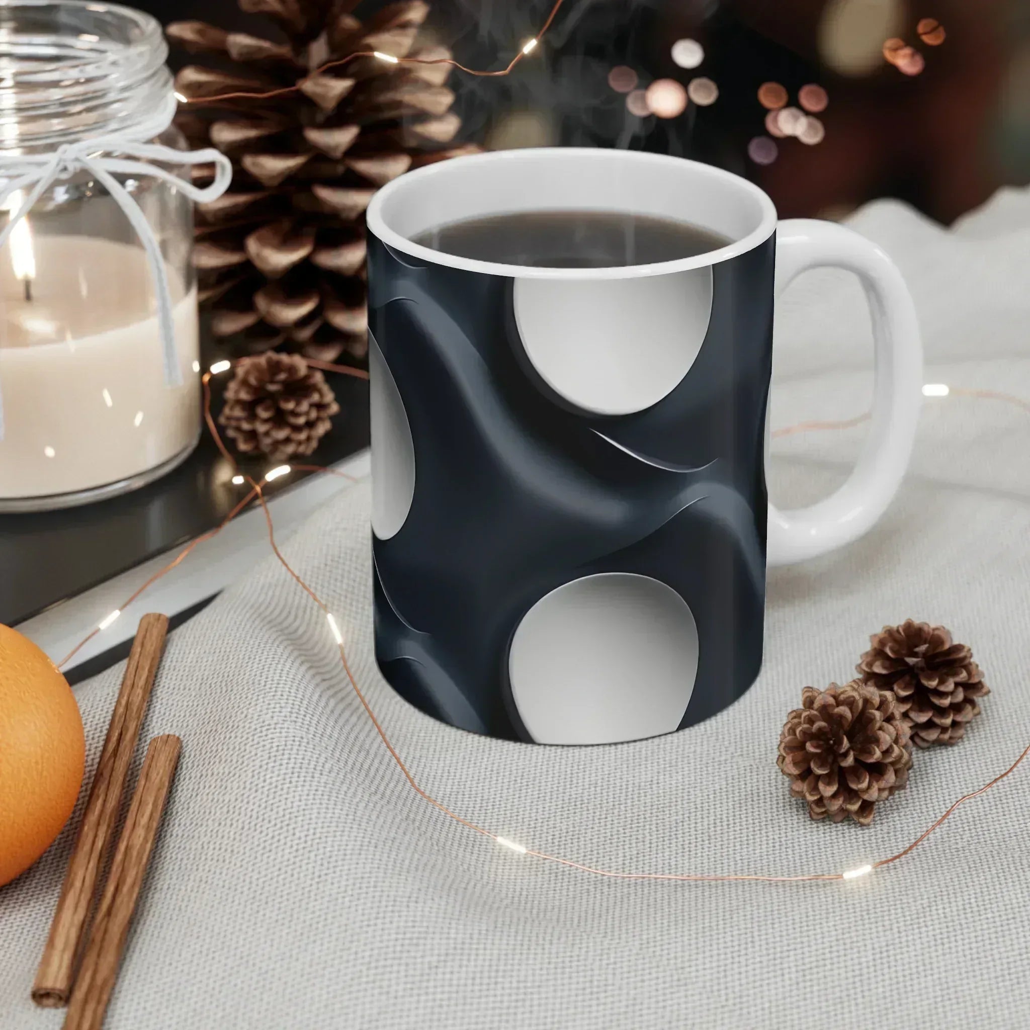 Abstract Black and White Swirl Mug with Central Vortex Design - KARARMDESIGN