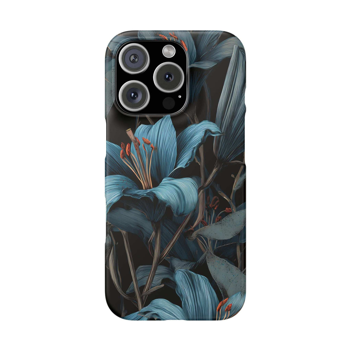 Blue lily floral phone case, back view with four camera lenses and raised edges