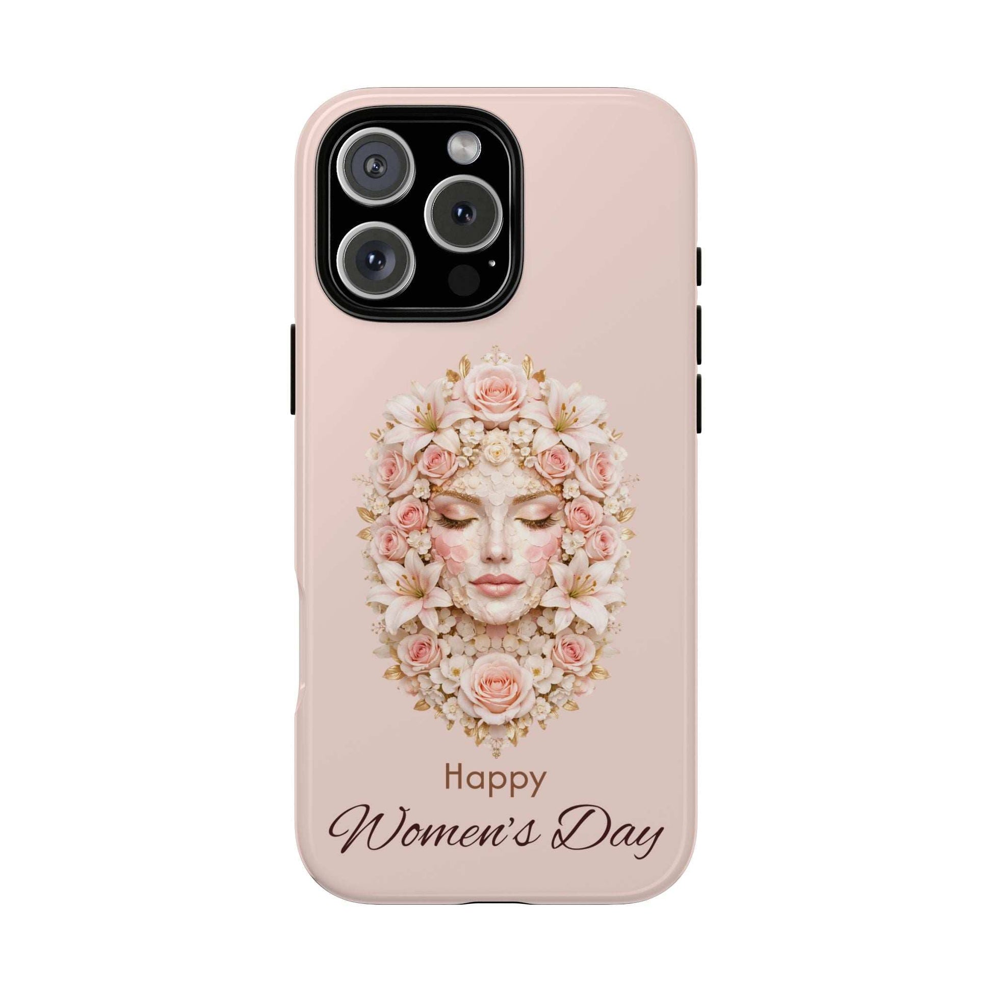 Light pink phone case with floral woman face artwork; 'Happy Women’s Day' at bottom