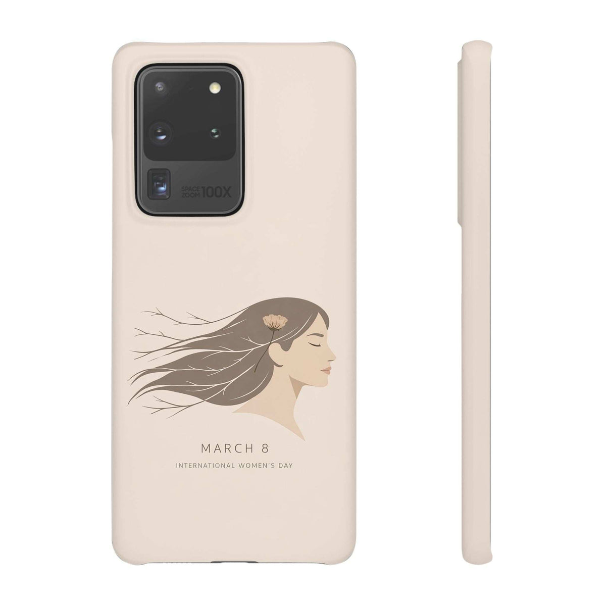 Beige phone case with floral woman “March 8” design and camera cutout; slim side piece shown.