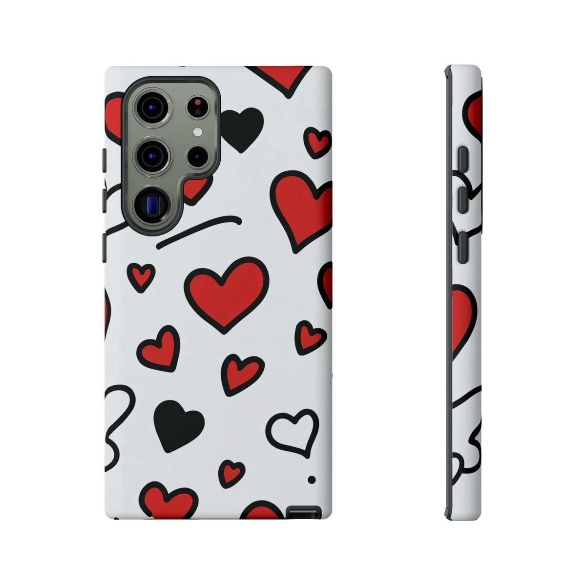 White phone case with doodled hearts pattern, triple-lens camera cutout and side button cutouts