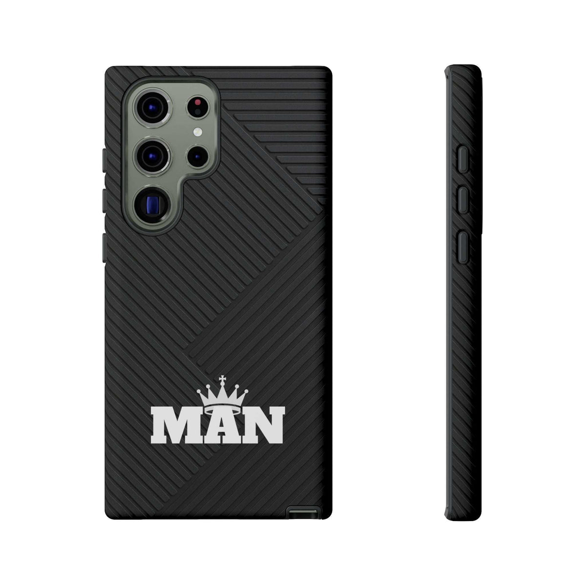 Black MAN logo phone case with textured diagonal ridges; side profile and camera openings.