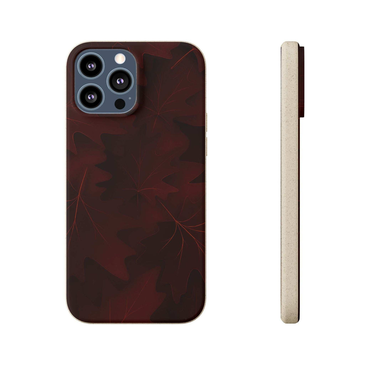 Dark red phone case with autumn leaf pattern, front view with side profile