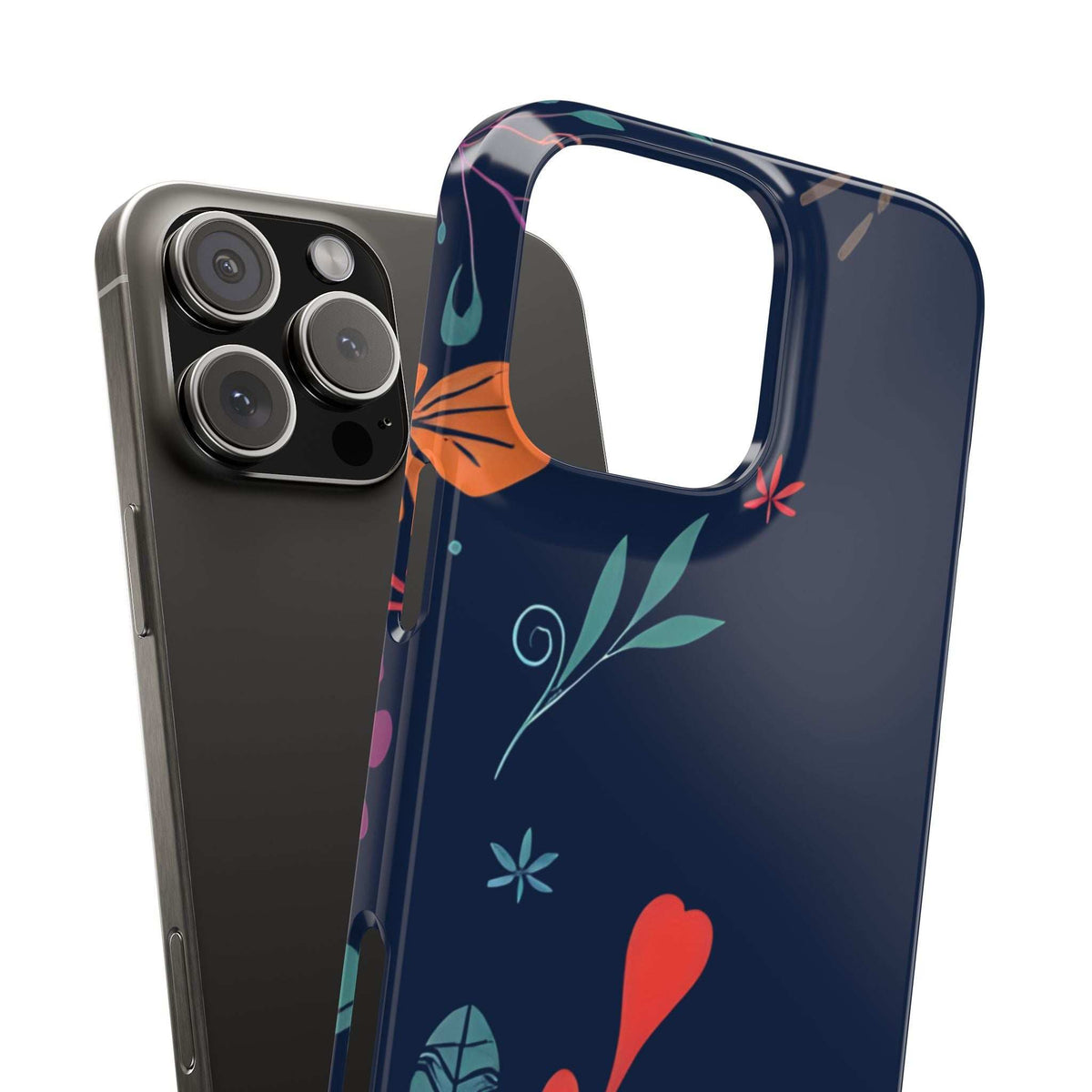Dark blue iPhone case for 11–17 with heart and flower pattern, camera module opening