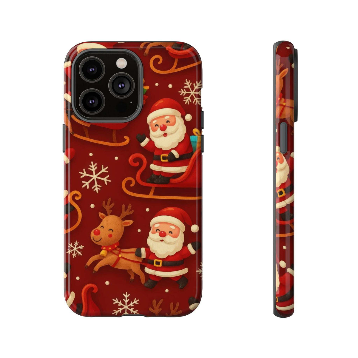 Santa and reindeer sleigh phone case with snowflake pattern, glossy finish, front view