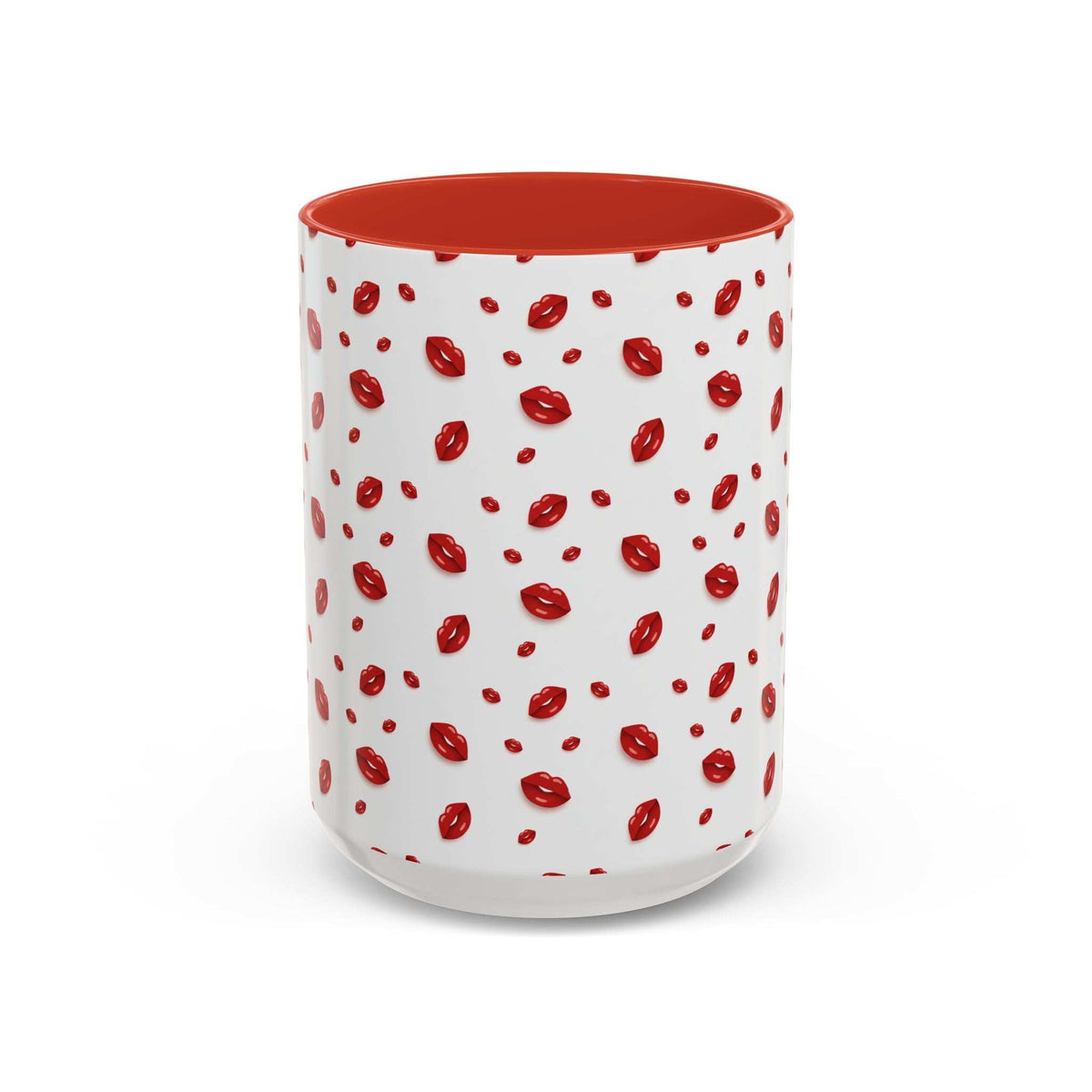 Ceramic coffee mug with red lips pattern and red-orange interior