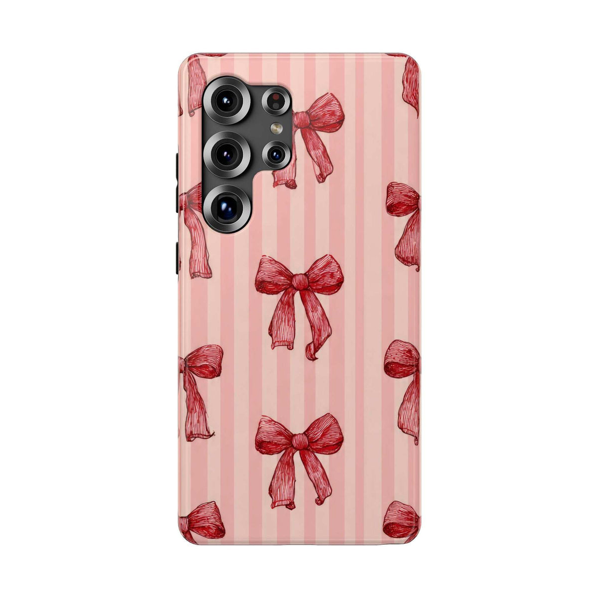 Pink phone case with red bow stripe design; four camera cutouts on back