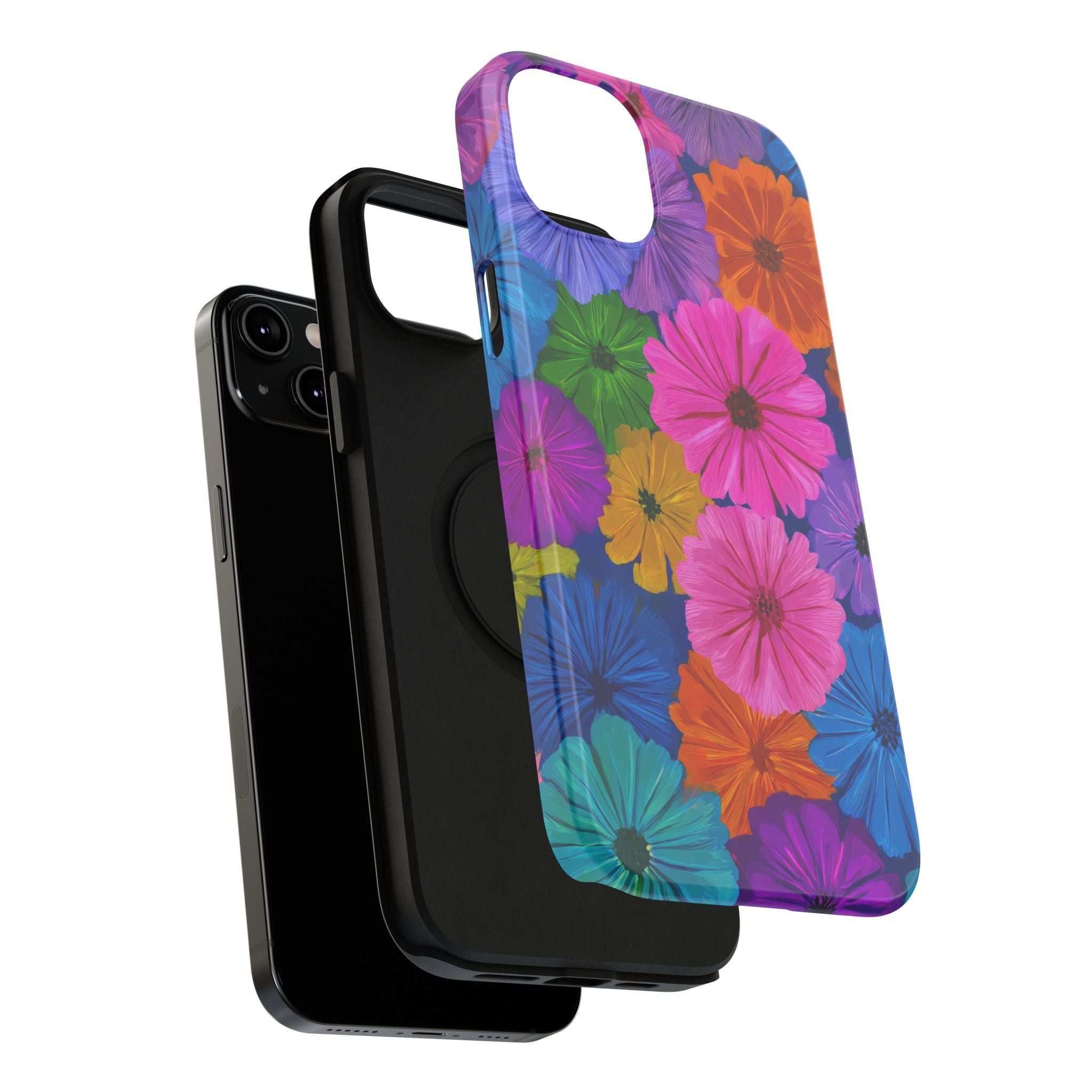 Flower-pattern phone case angled view showing side buttons and camera protection