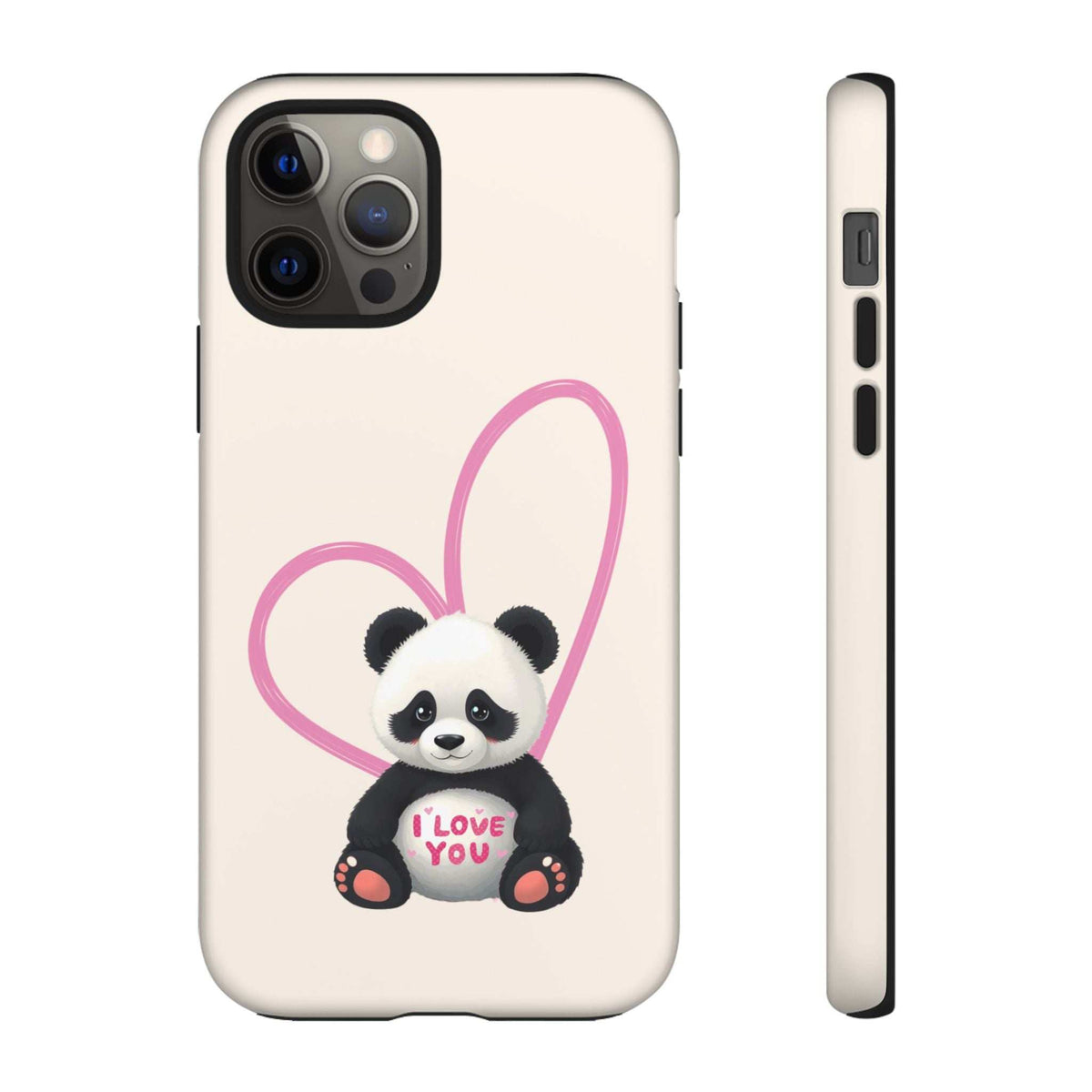Light cream phone case with panda in pink heart outline and “I love you” text, side button cutouts