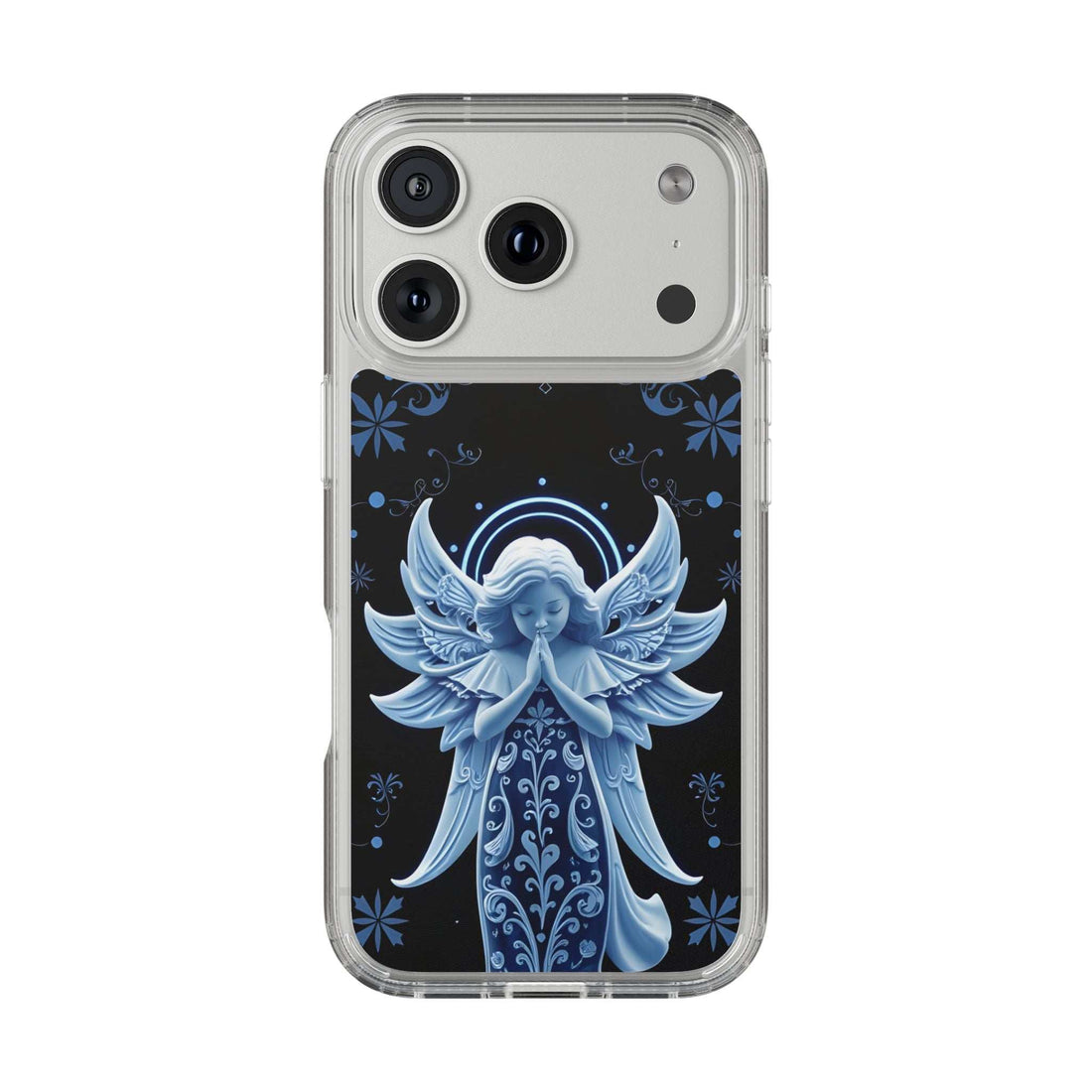 Protective phone case with blue angel prayer design on dark background