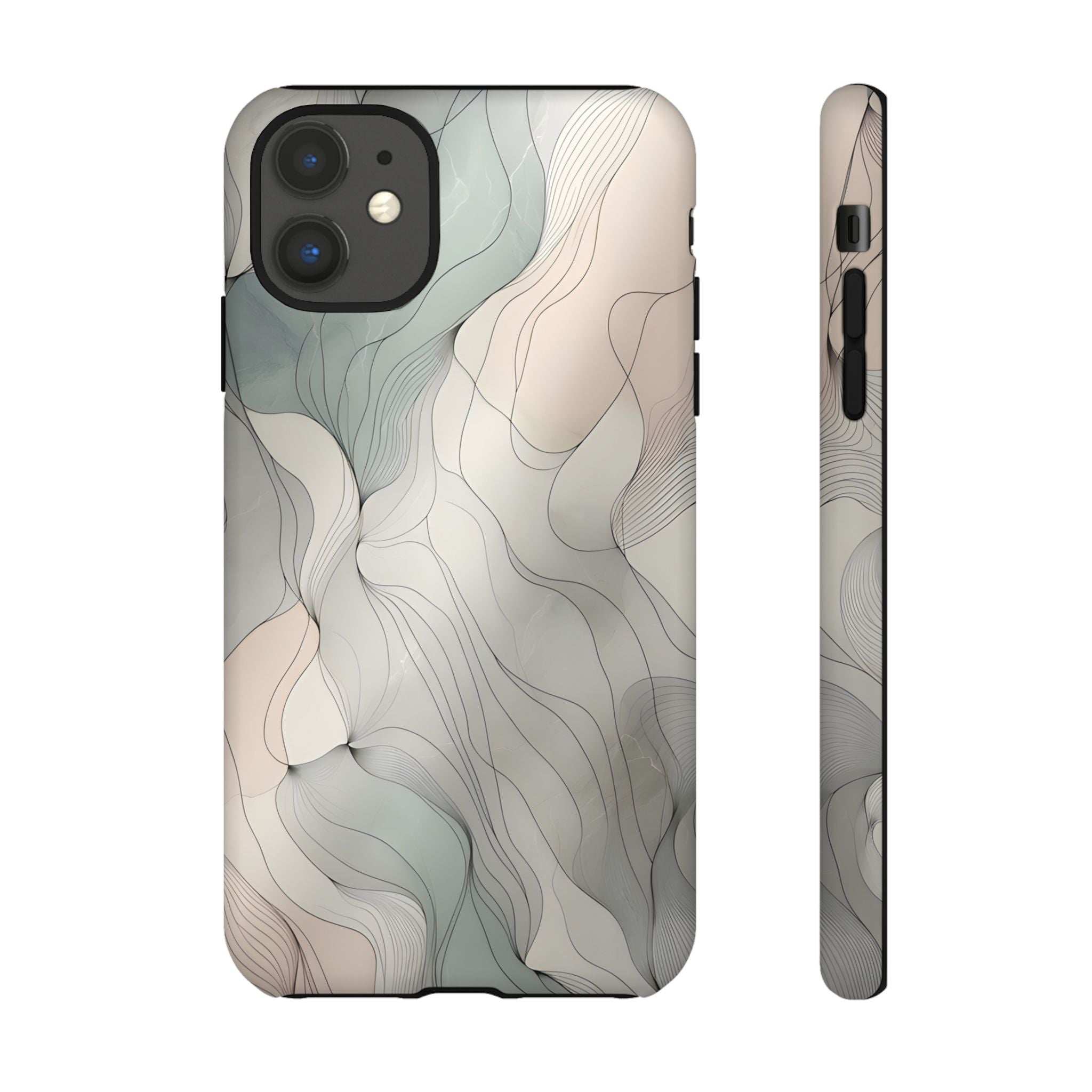 Pastel wave phone case with blue-toned waves and cream tones; front-back layout with camera