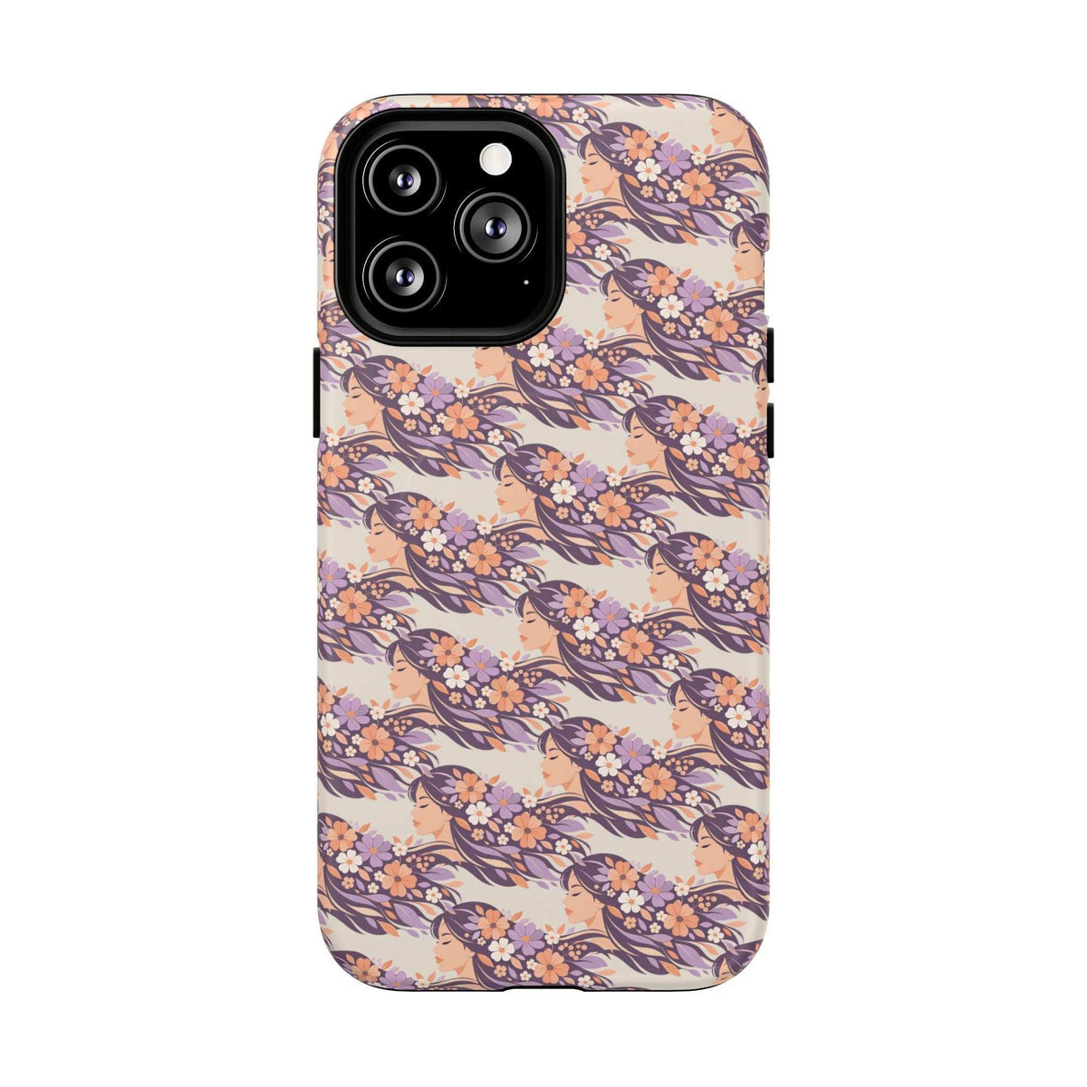 Floral phone case with triple-camera cutout, pink and navy blossom pattern