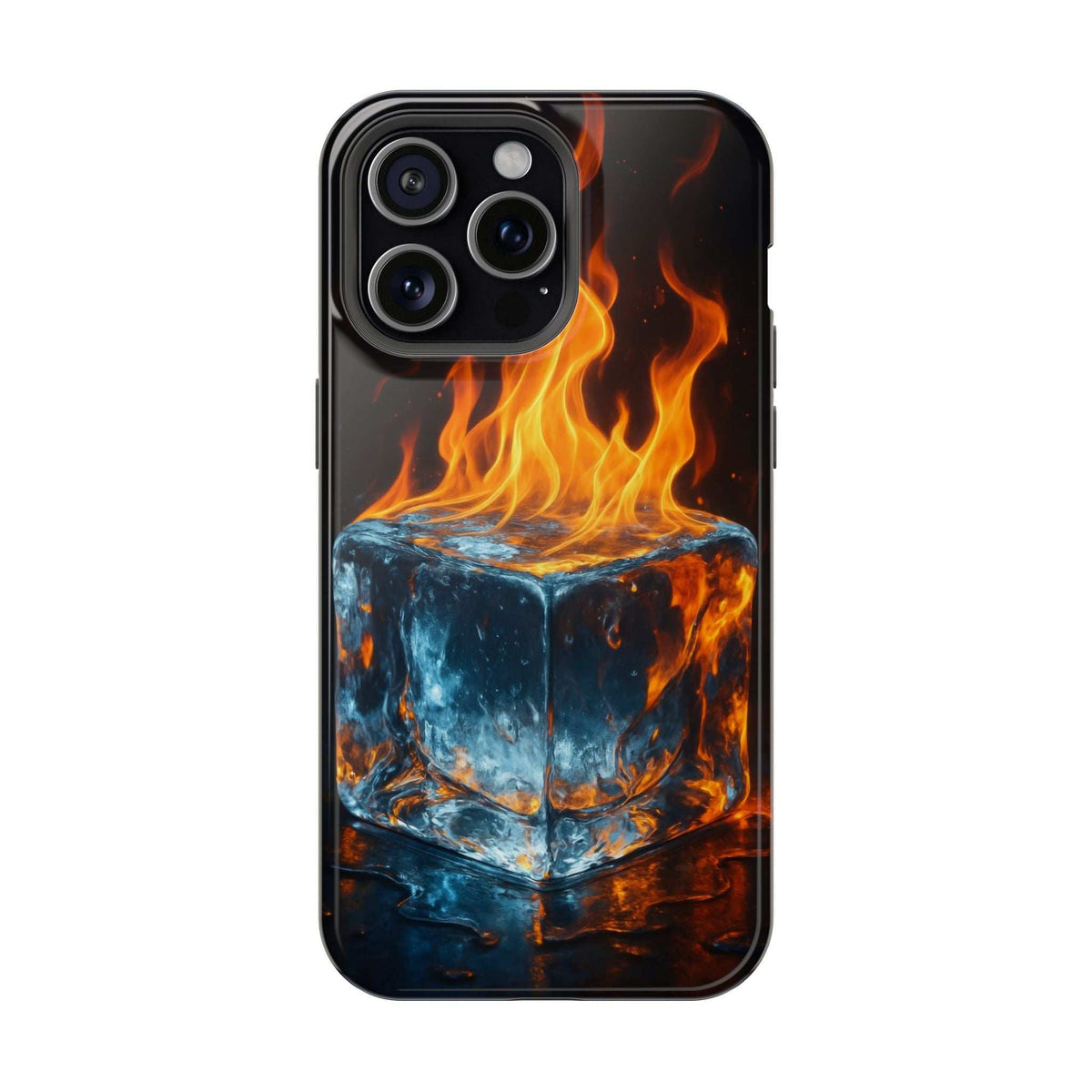 Black glossy phone case with flame and ice cube graphic and camera cutout