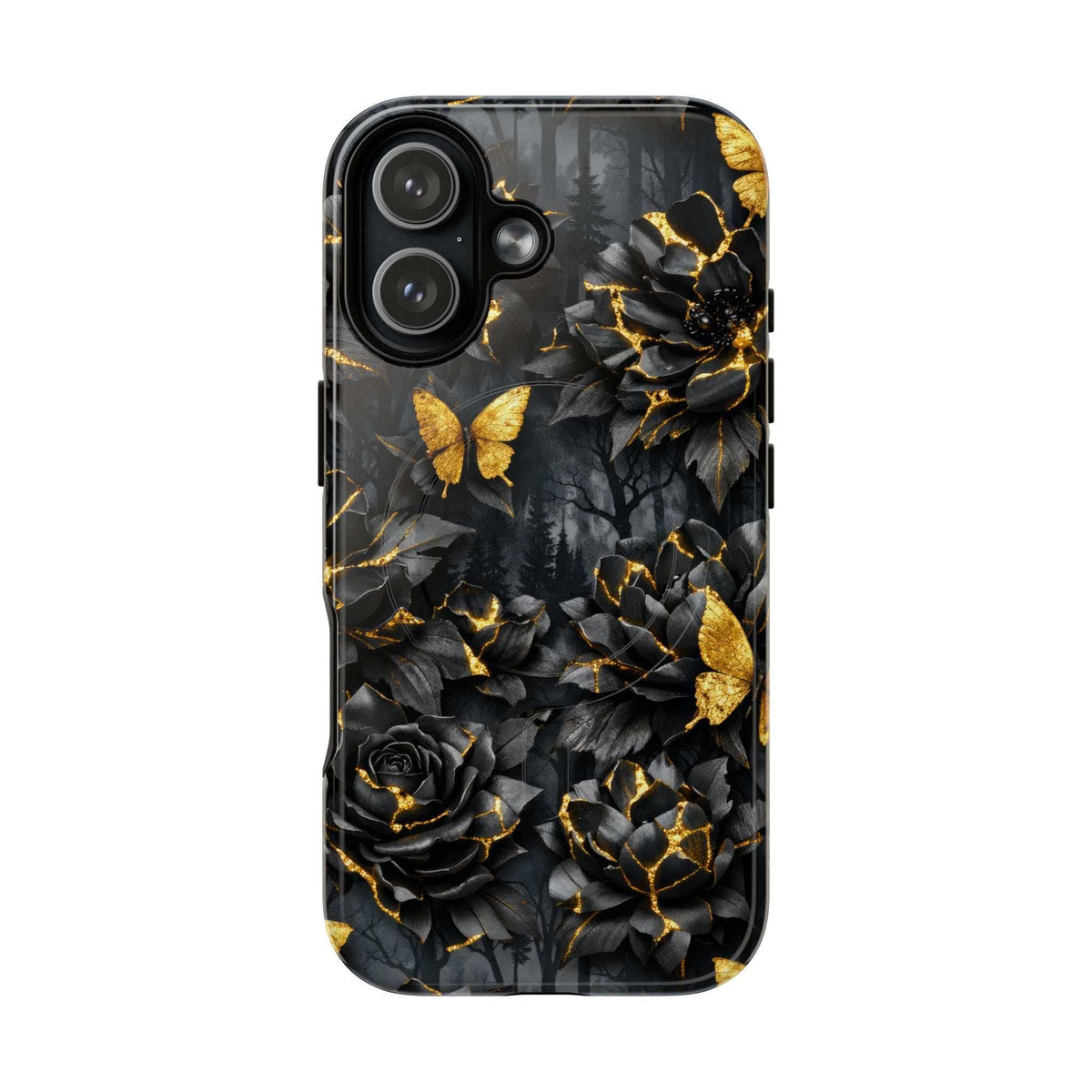 iPhone phone case front-back view with black floral pattern and gold kintsugi crack detail