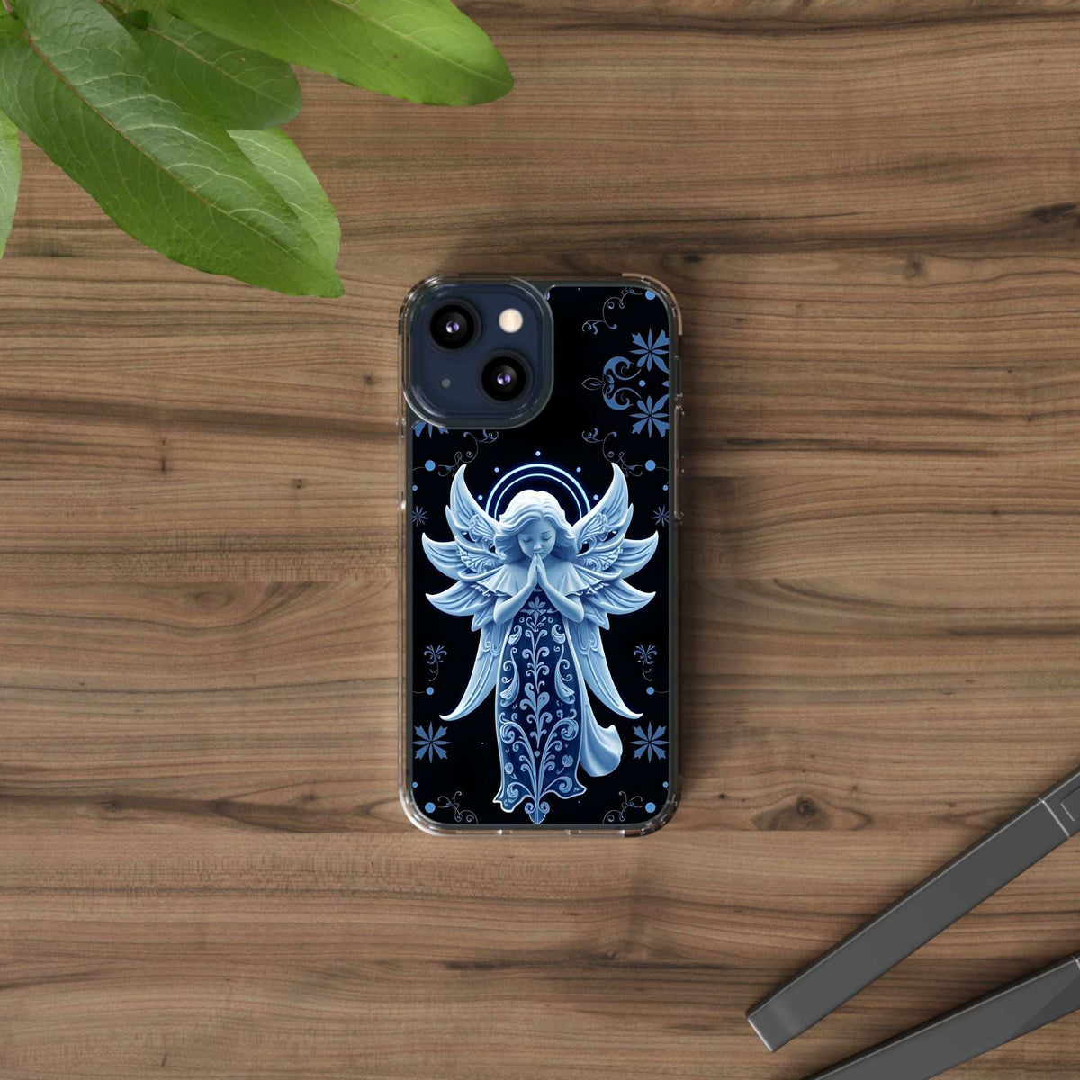 Blue angel prayer phone case with neon halo circle and transparent protective rim
