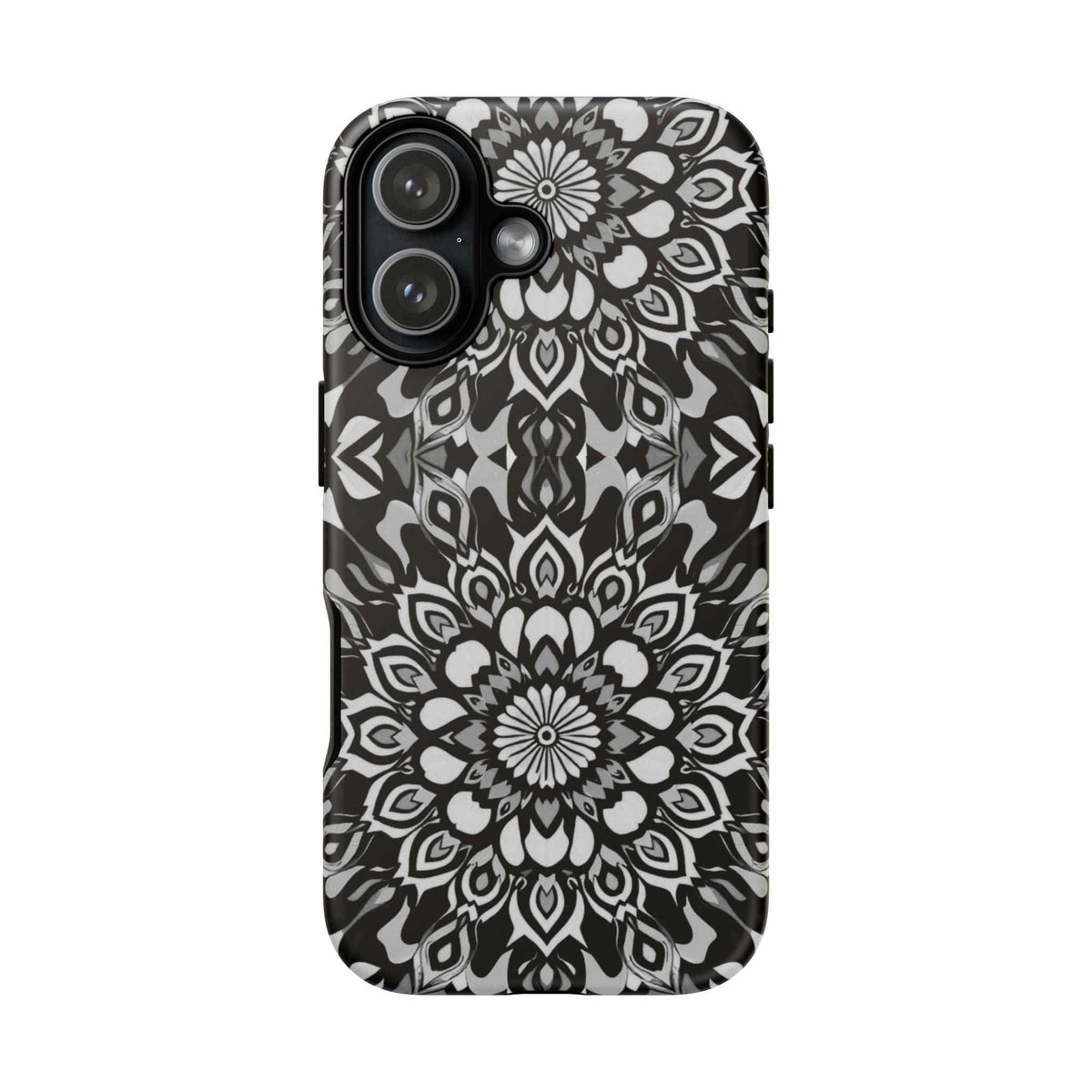 Mandala phone case with black-and-white mandala floral pattern and camera openings