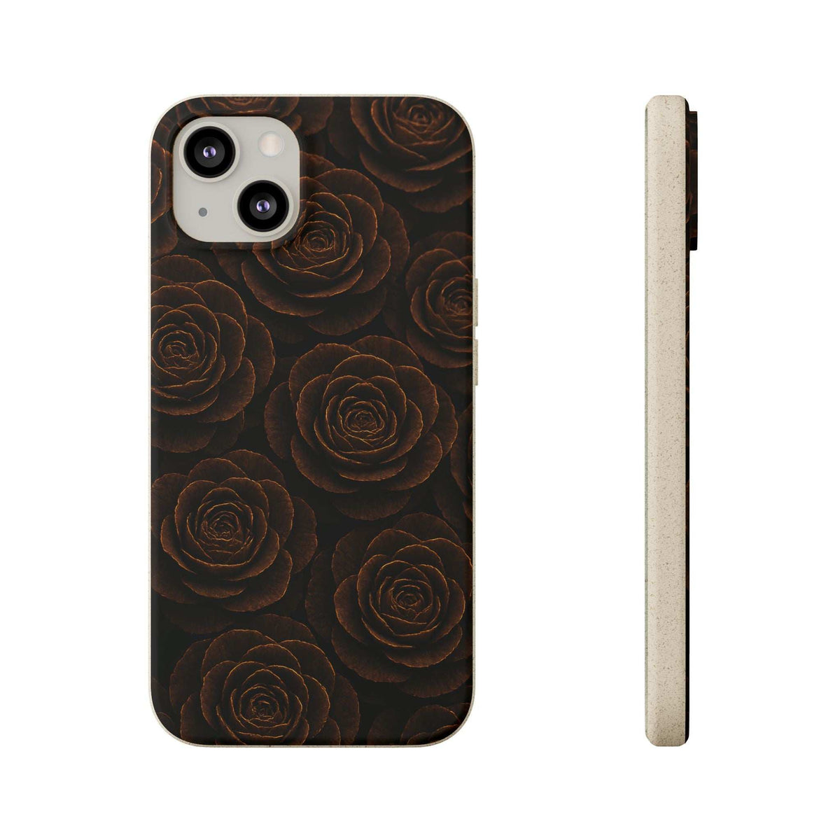 Wood rose phone case with dark brown rose motif and camera cutout; beige side profile.
