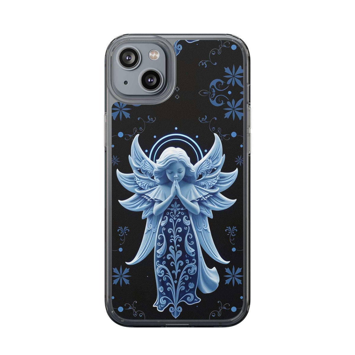 Clear phone case with blue angel praying artwork and swirl-and-flower frame pattern