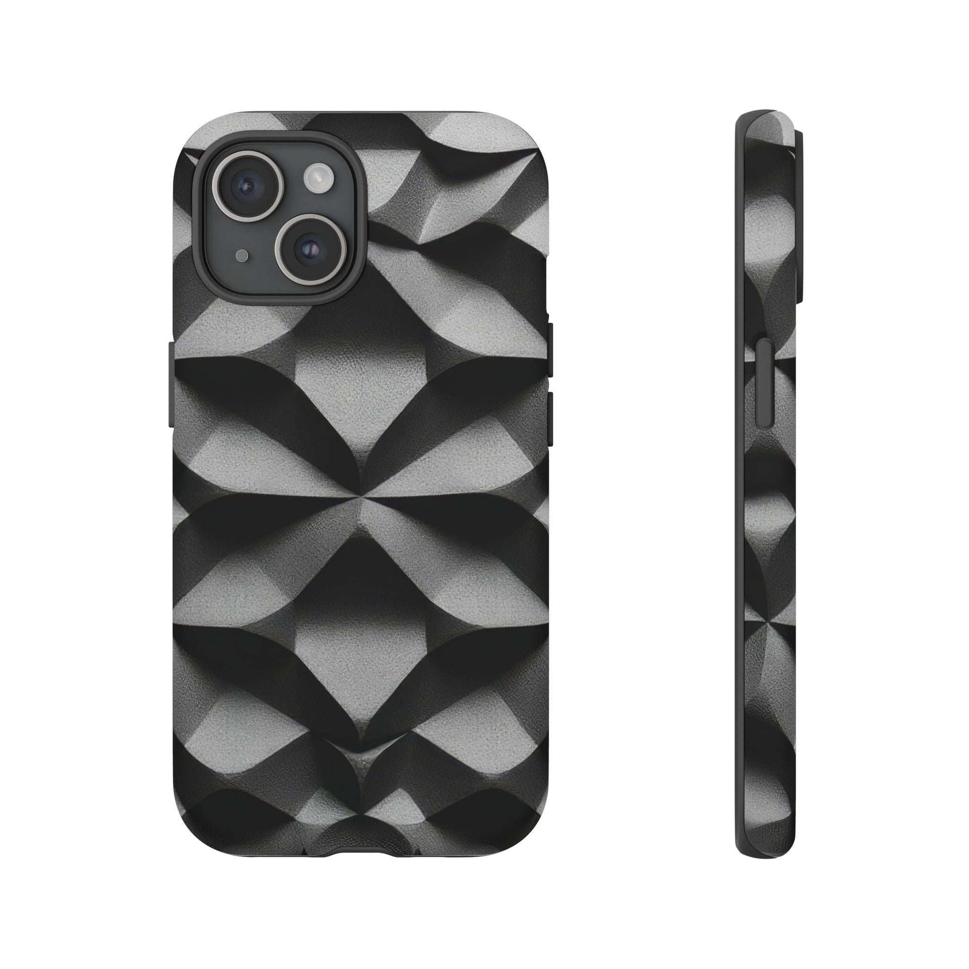 Tough phone case with black-and-gray geometric cube pattern, triple camera cutout and raised bezel
