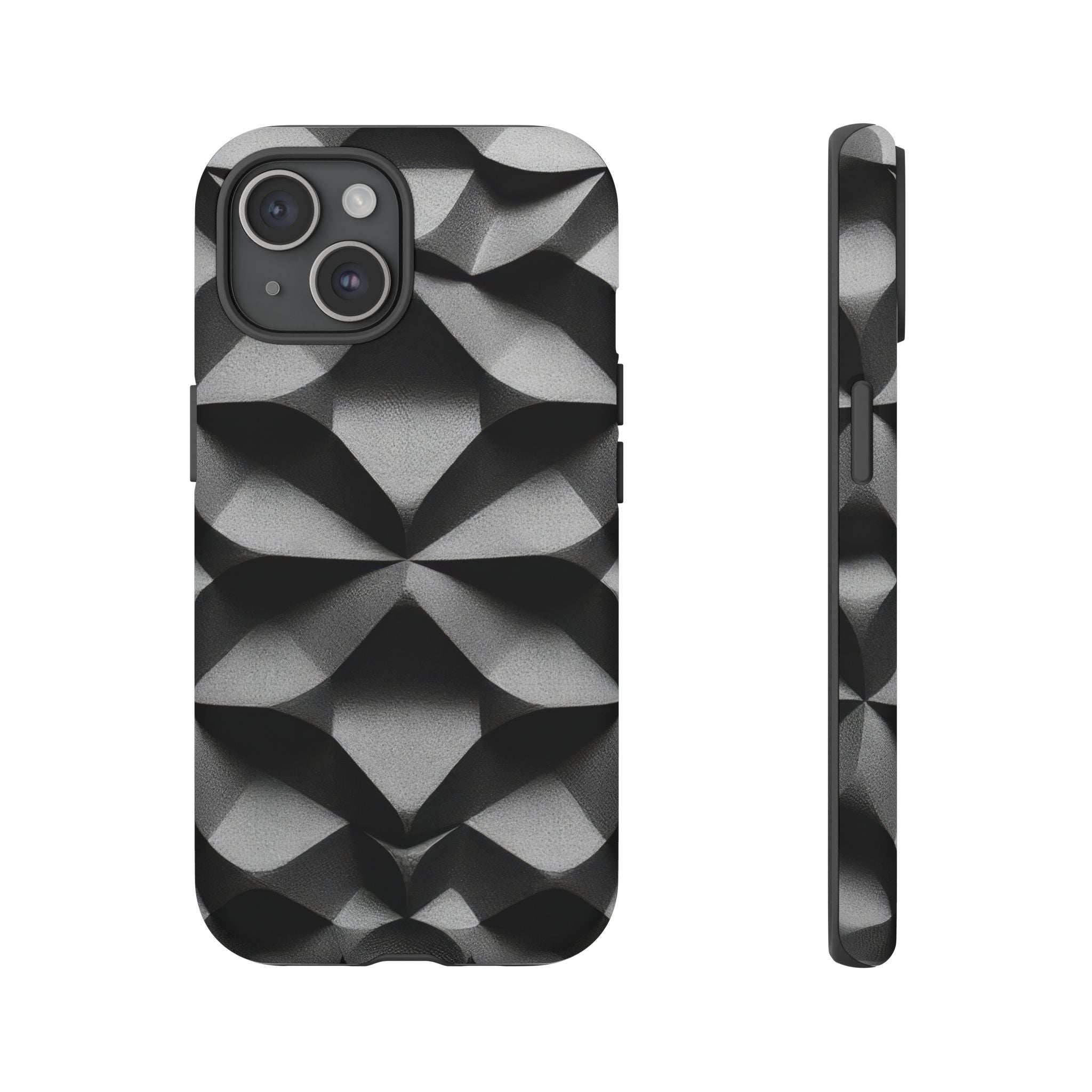 Tough phone case with black-and-gray geometric cube pattern, triple camera cutout and raised bezel