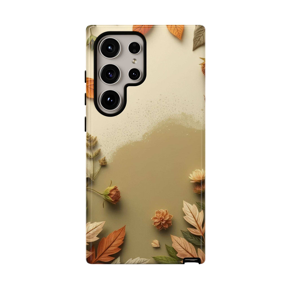 Phone case with beige autumn leaves and flowers, back view with quad camera cutouts