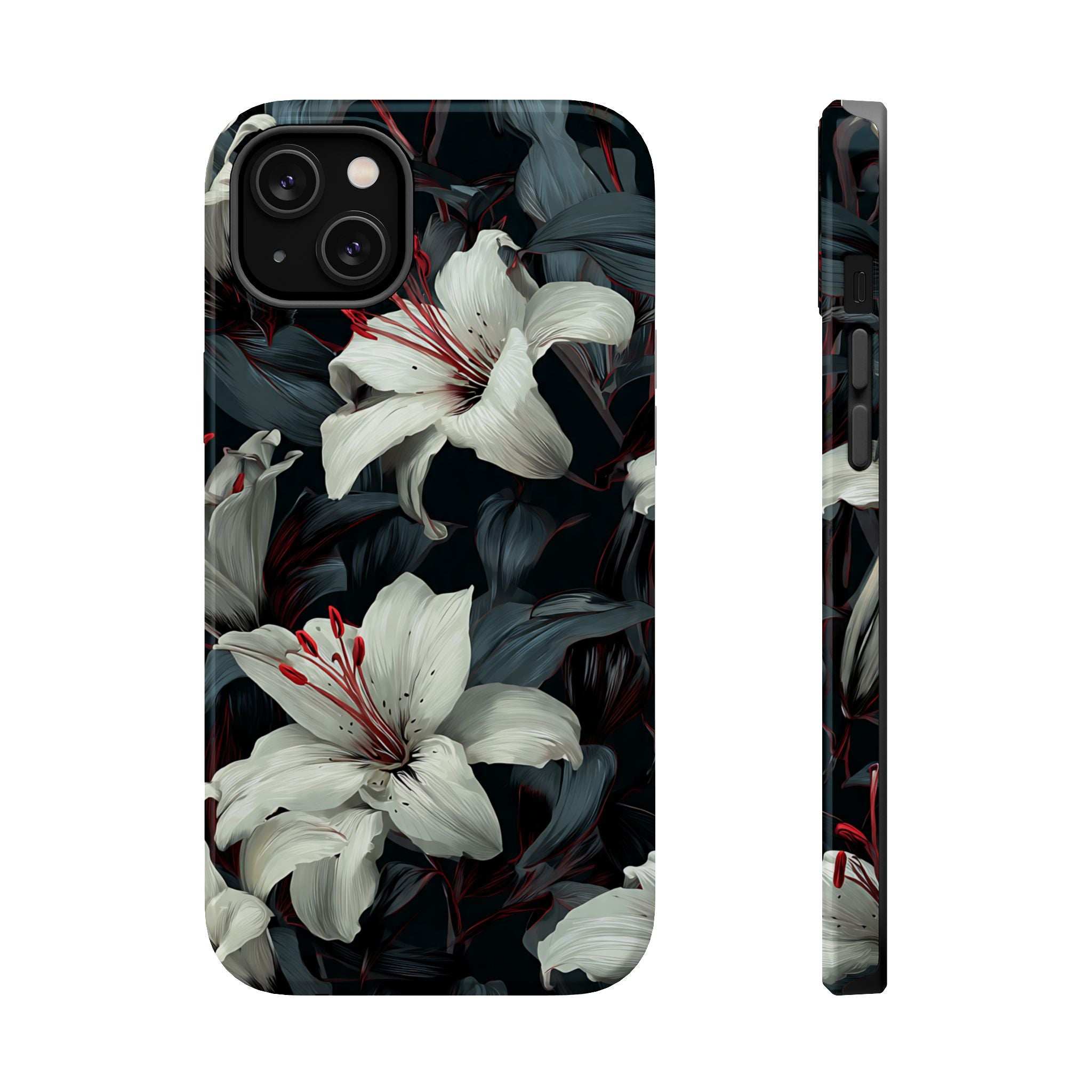 Front and side phone case showing white lily print on dark leaves, slim protective edges