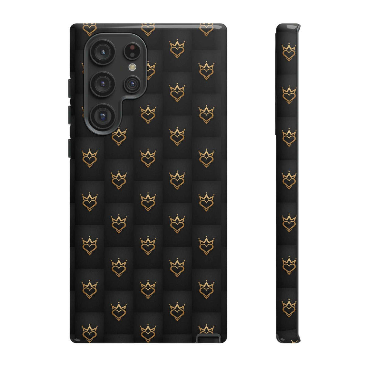 Glossy dark phone case with repeating gold crown heart doodles, side profile shows design