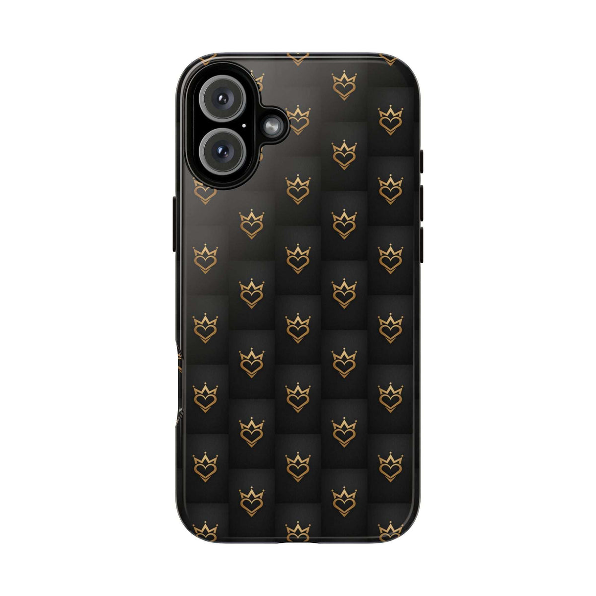 Glossy black phone case with crowned heart doodle pattern, dual-lens camera cutouts