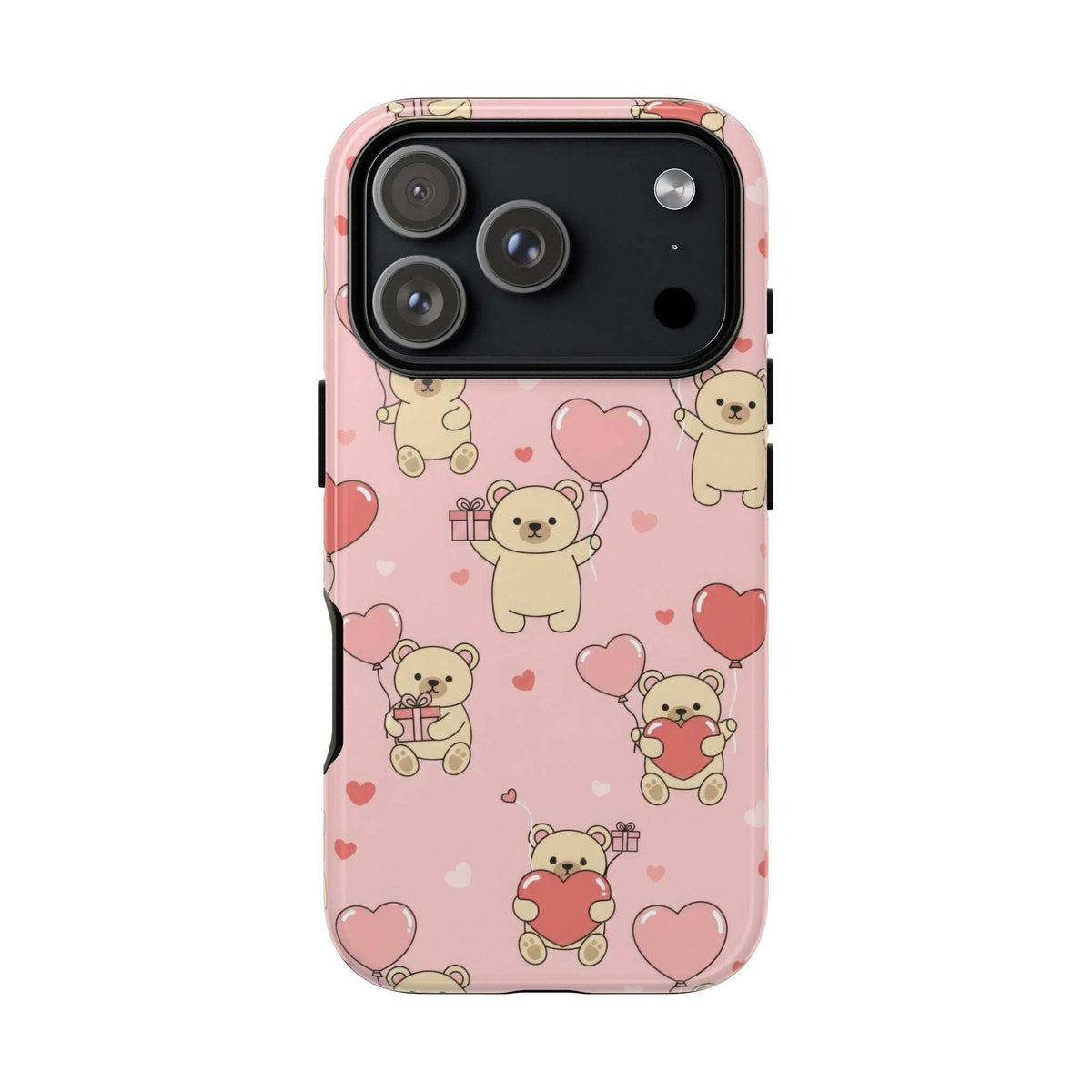 Pink phone case with teddy bears and hearts pattern, dual-lens camera cutout
