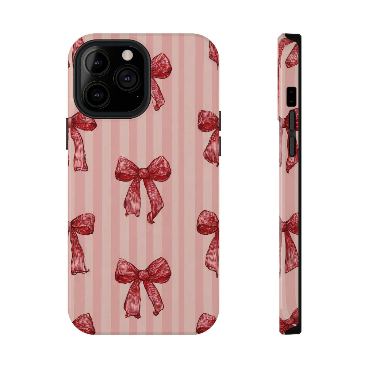 Pink phone case with red bow pattern and vertical stripes; includes side access openings.