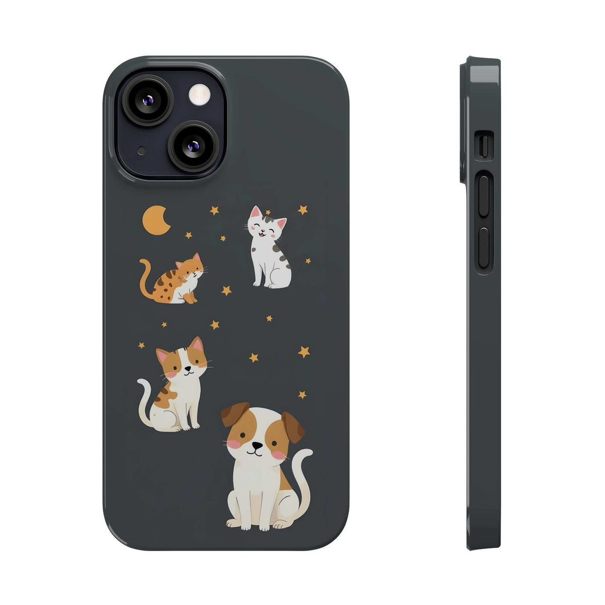 Phone case front and side profile showing cat and dog design, stars, and moon; port access
