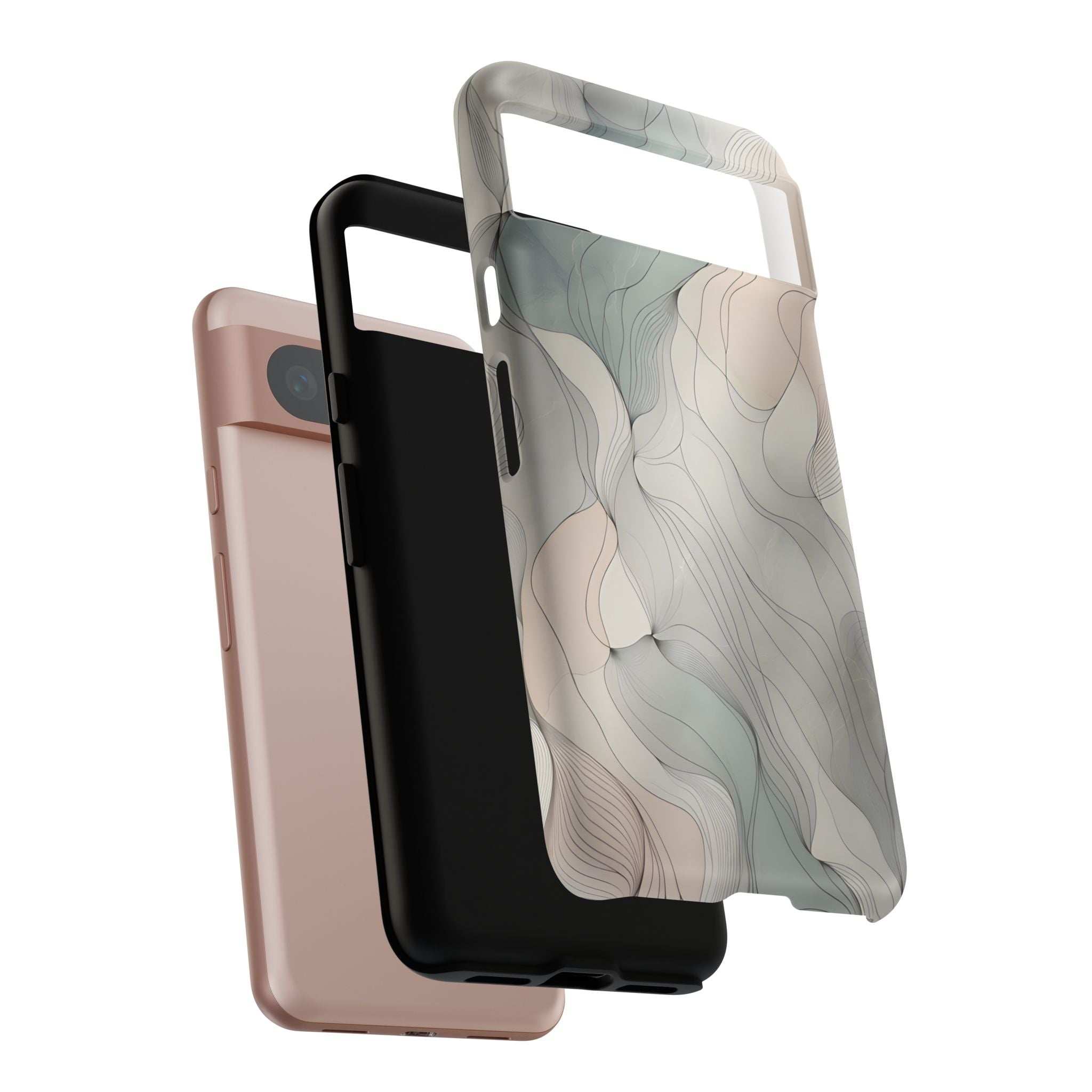 Pastel wave phone case with clear edges and wavy blue-beige pattern, angled side and back
