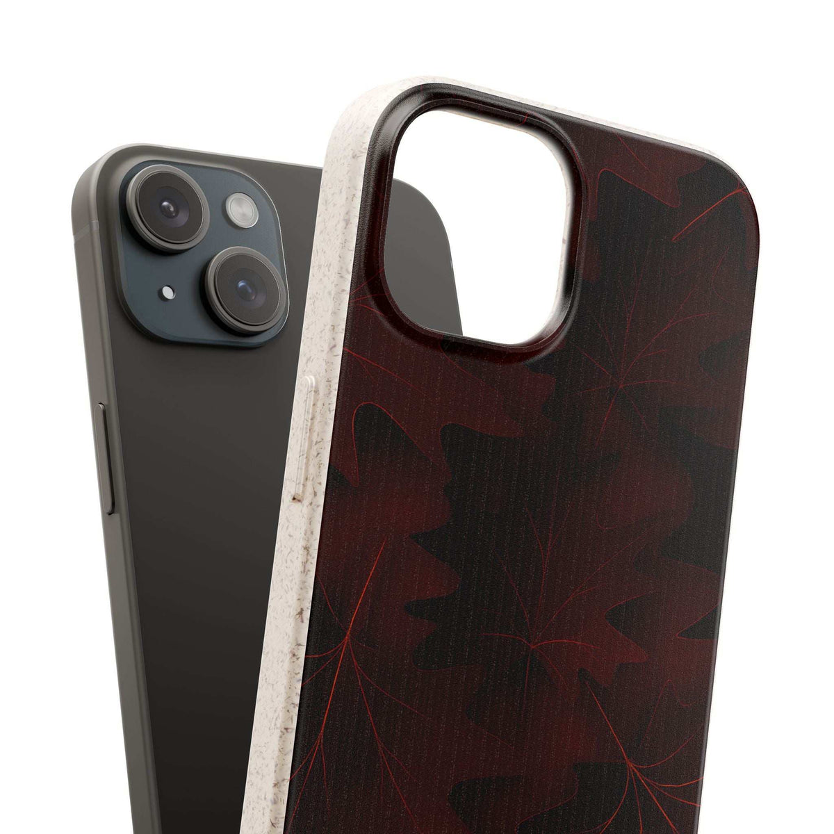 Burgundy phone case with dark leaf pattern and raised camera cutout