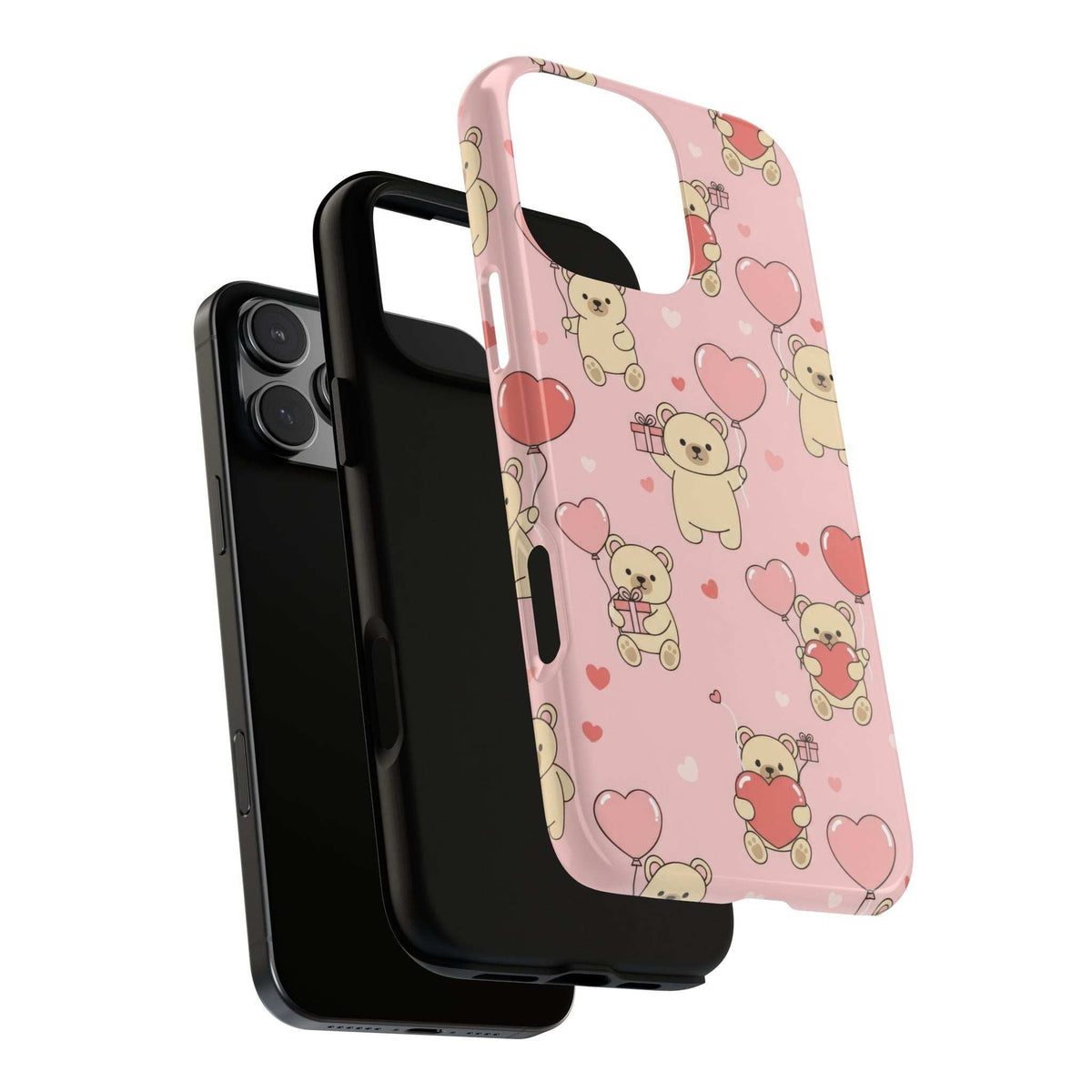 Pink teddy and heart phone case with side button cutouts and camera opening, front/back
