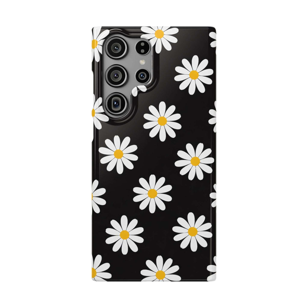 Black phone case with white daisy pattern and yellow centers; visible camera lenses