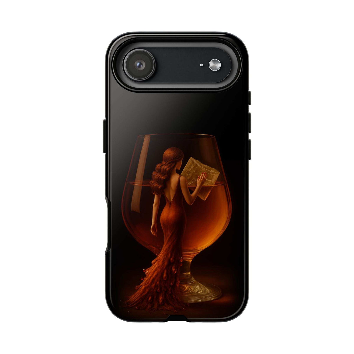 Glossy dark phone case with lady holding an open book, rear camera and flash cutouts