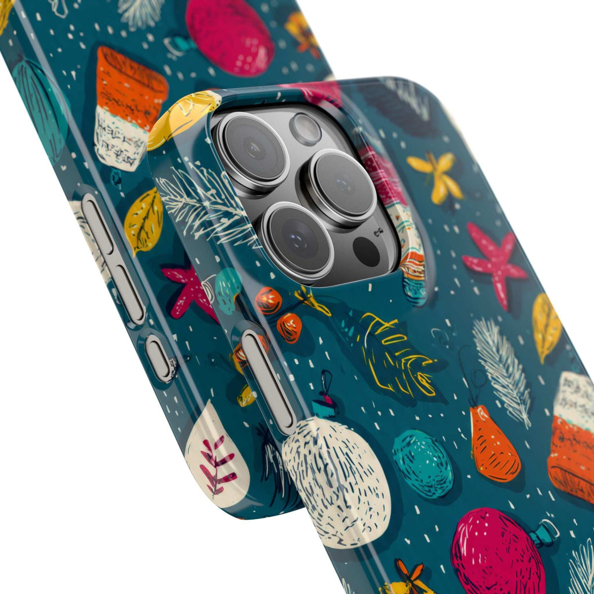 Close-up teal winter phone case showing starfish, baubles, and leaf-like accents