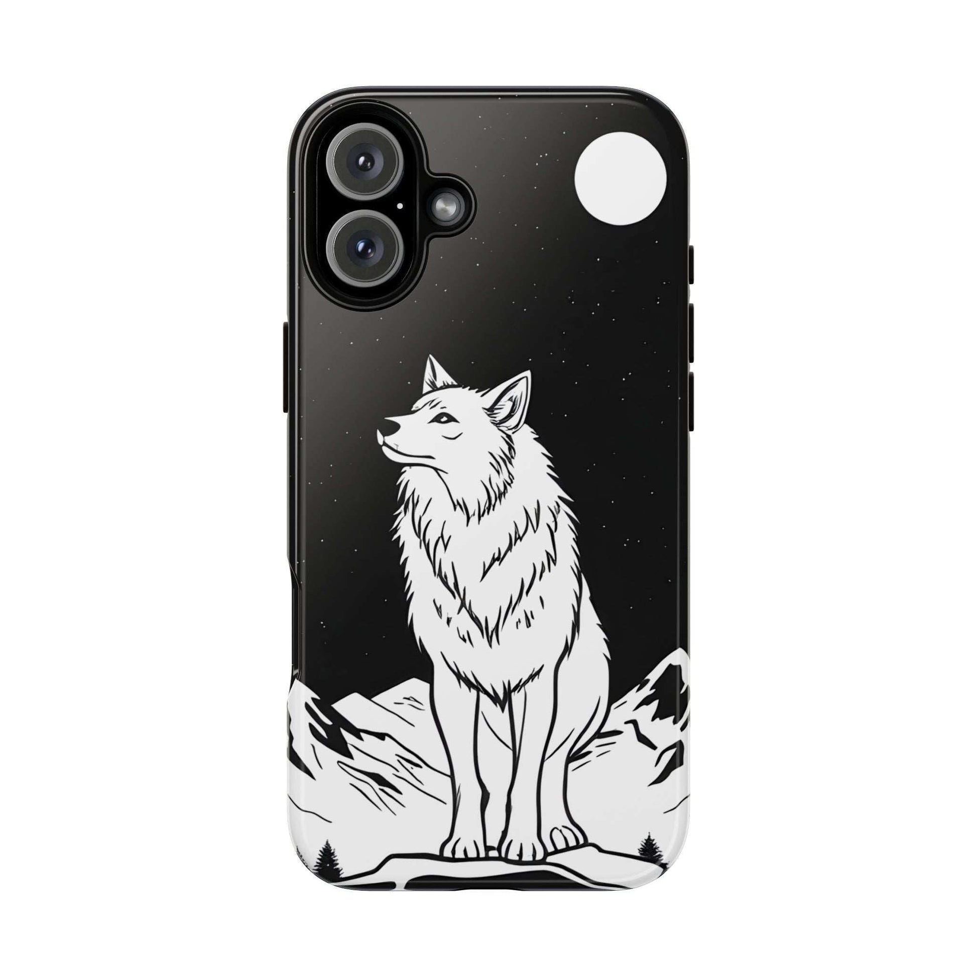 Black phone case featuring a white wolf illustration, camera cutouts, and top-right circle detail