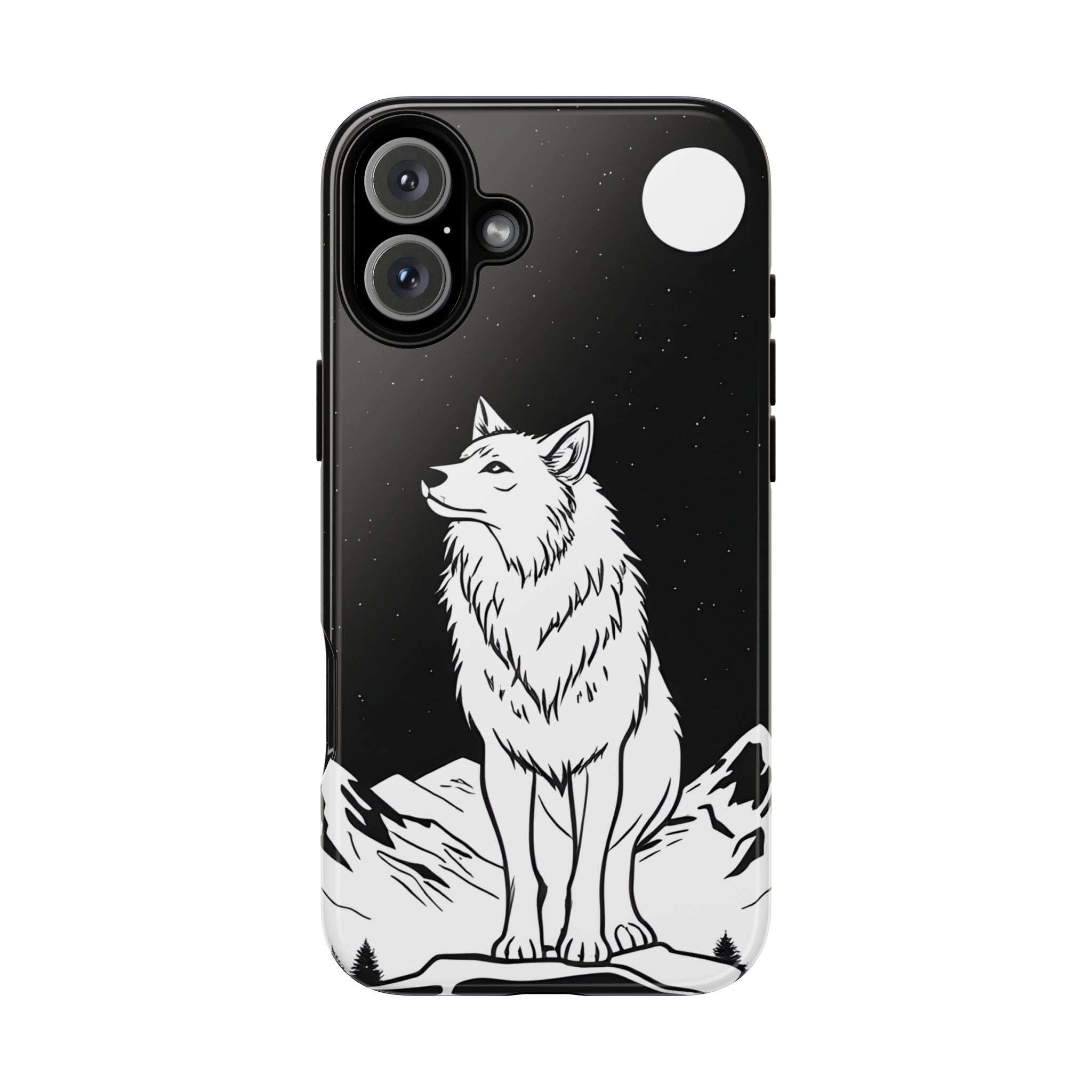 Black phone case featuring a white wolf illustration, camera cutouts, and top-right circle detail