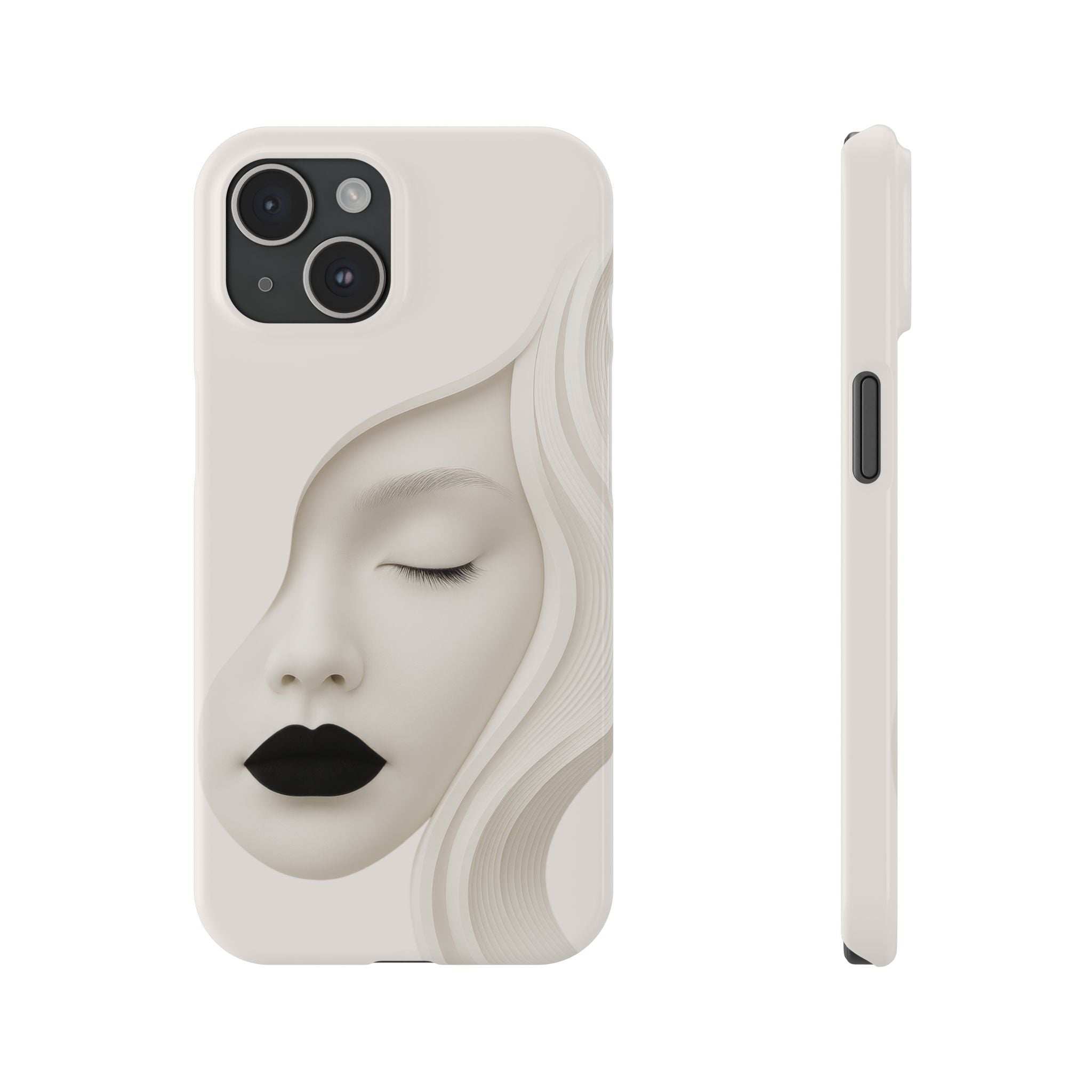 Light beige phone case with minimalist closed-eye face print; thin side profile view.