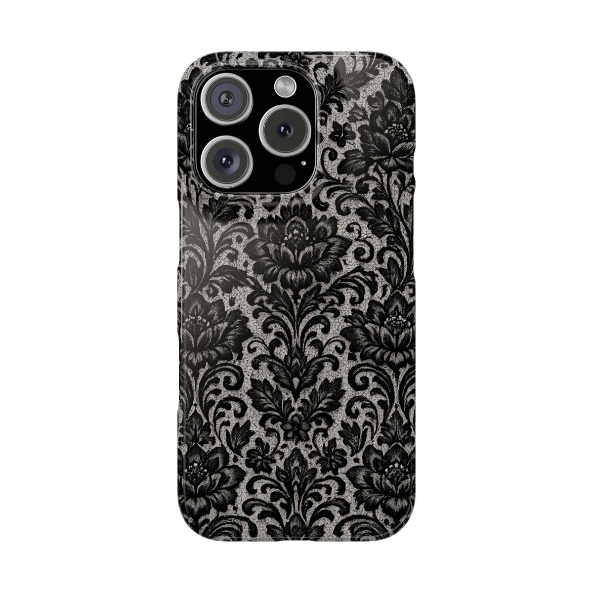 Black damask floral phone case, back view with raised triple-lens camera cover