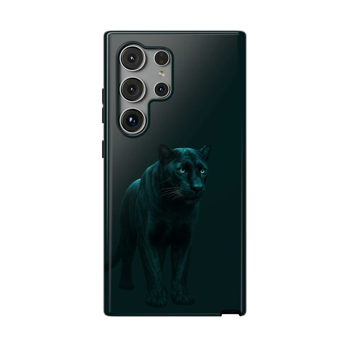 Black phone case with teal panther graphic, back view with quad-camera layout