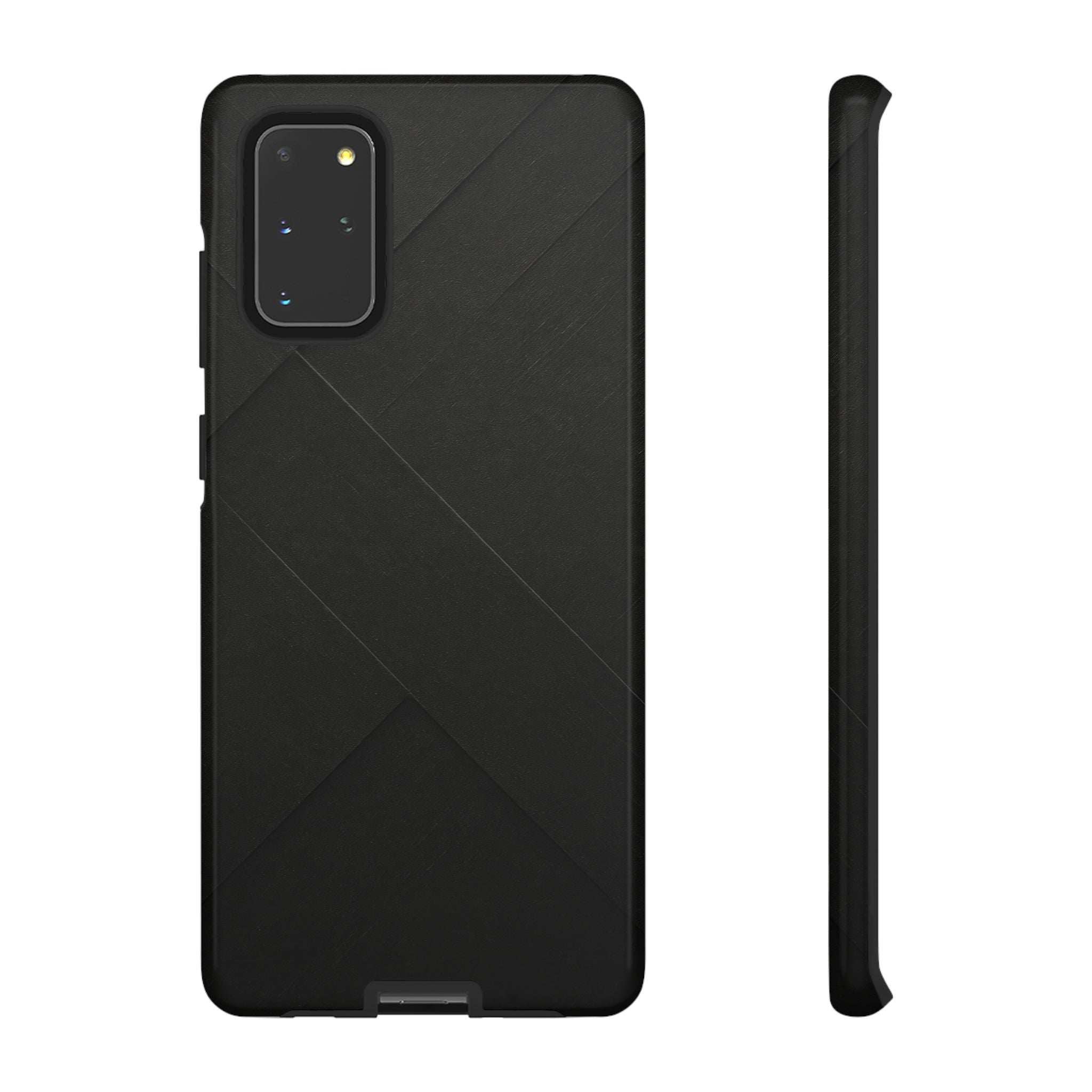Matte black phone case with diagonal line pattern and protected camera area