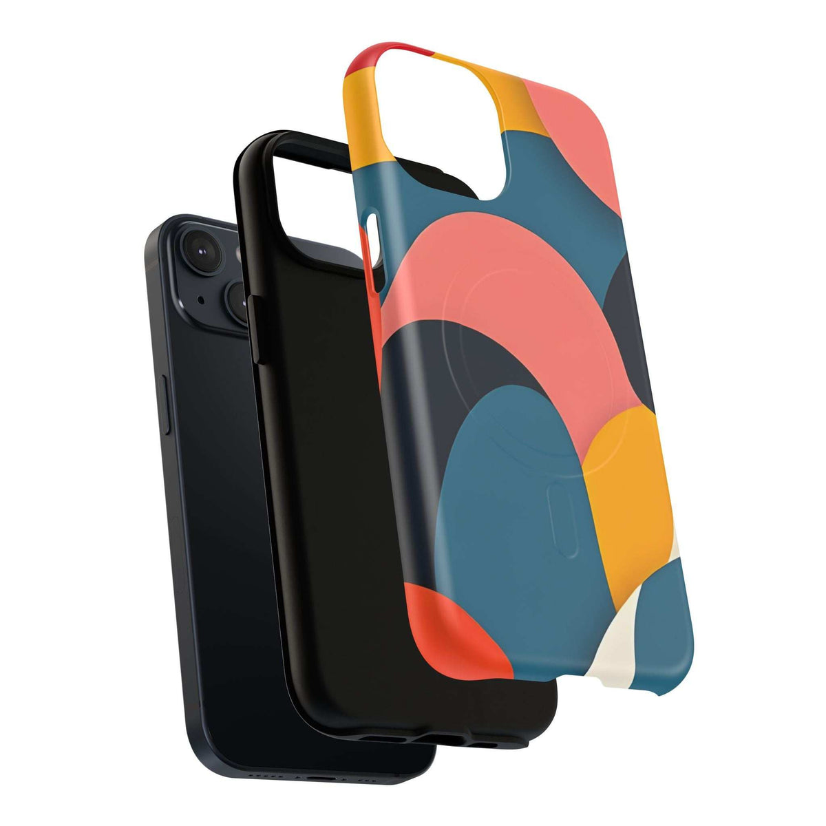 Abstract multicolor phone case with raised lip and camera opening; coral, teal, yellow artwork.