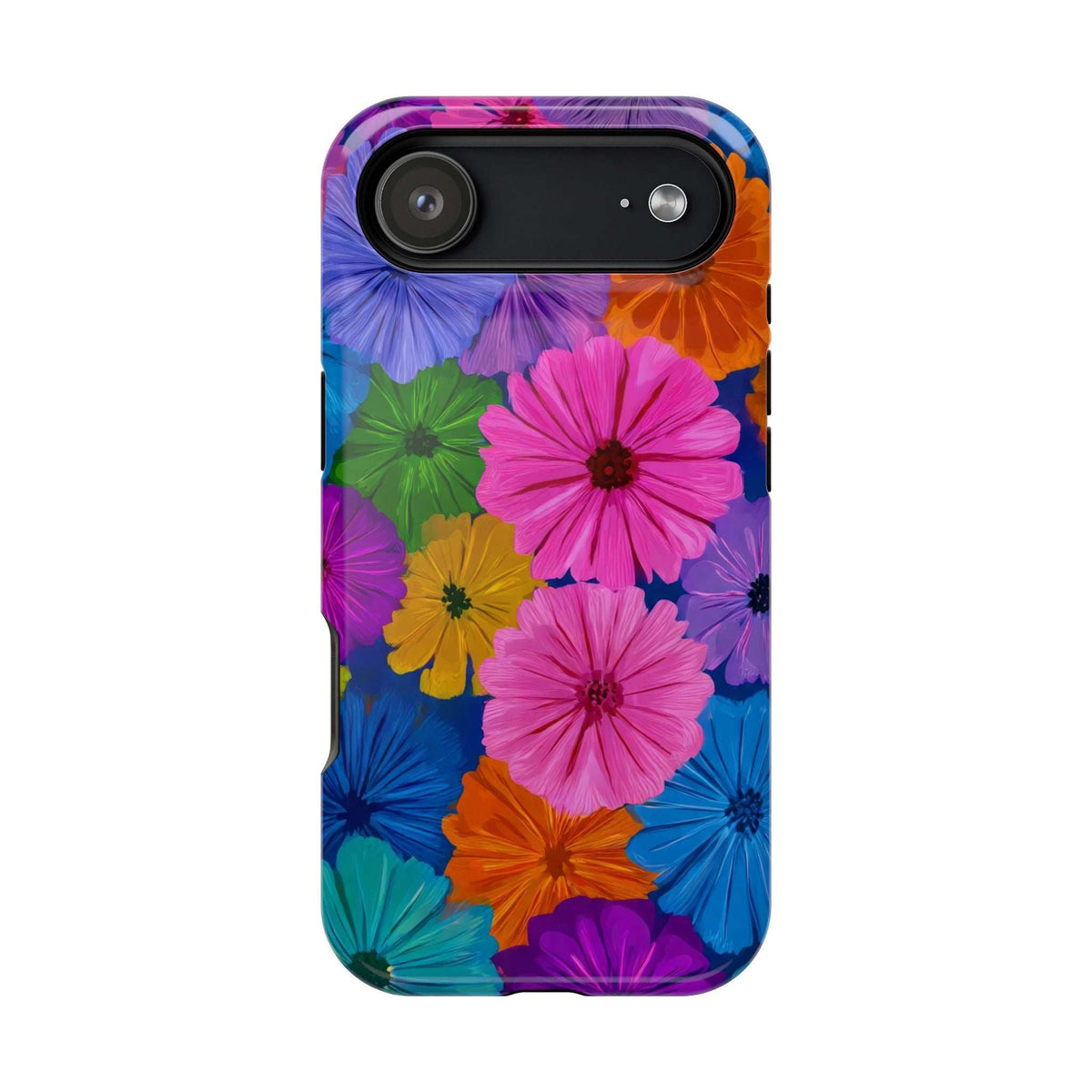 Floral phone case with multicolor blossoms and large black camera window